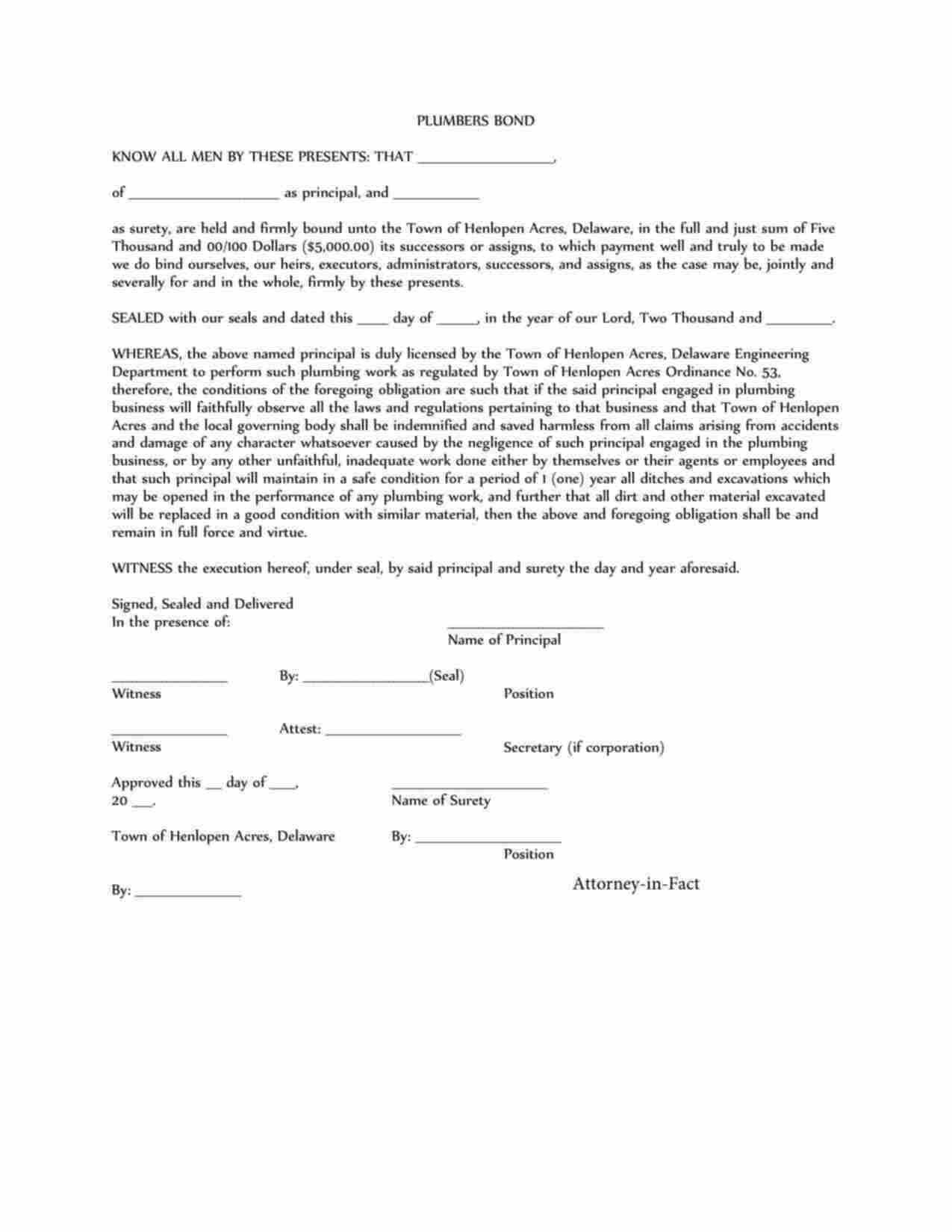 Delaware Plumber Bond Form