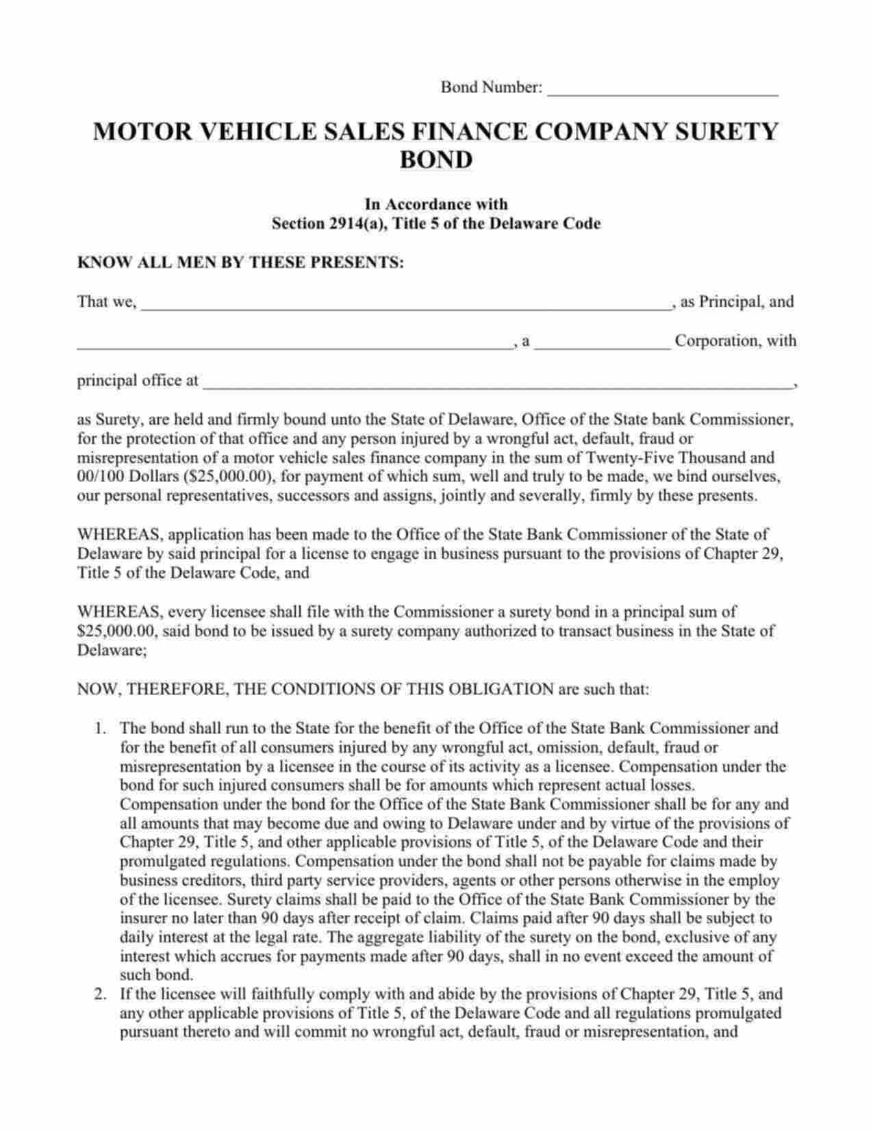 Delaware Motor Vehicle Sales Finance Company Bond Form