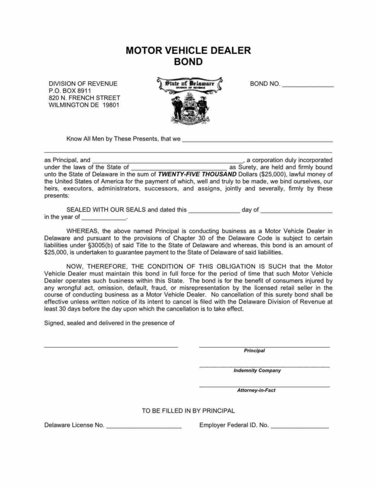 Delaware Motor Vehicle Dealer Bond Form