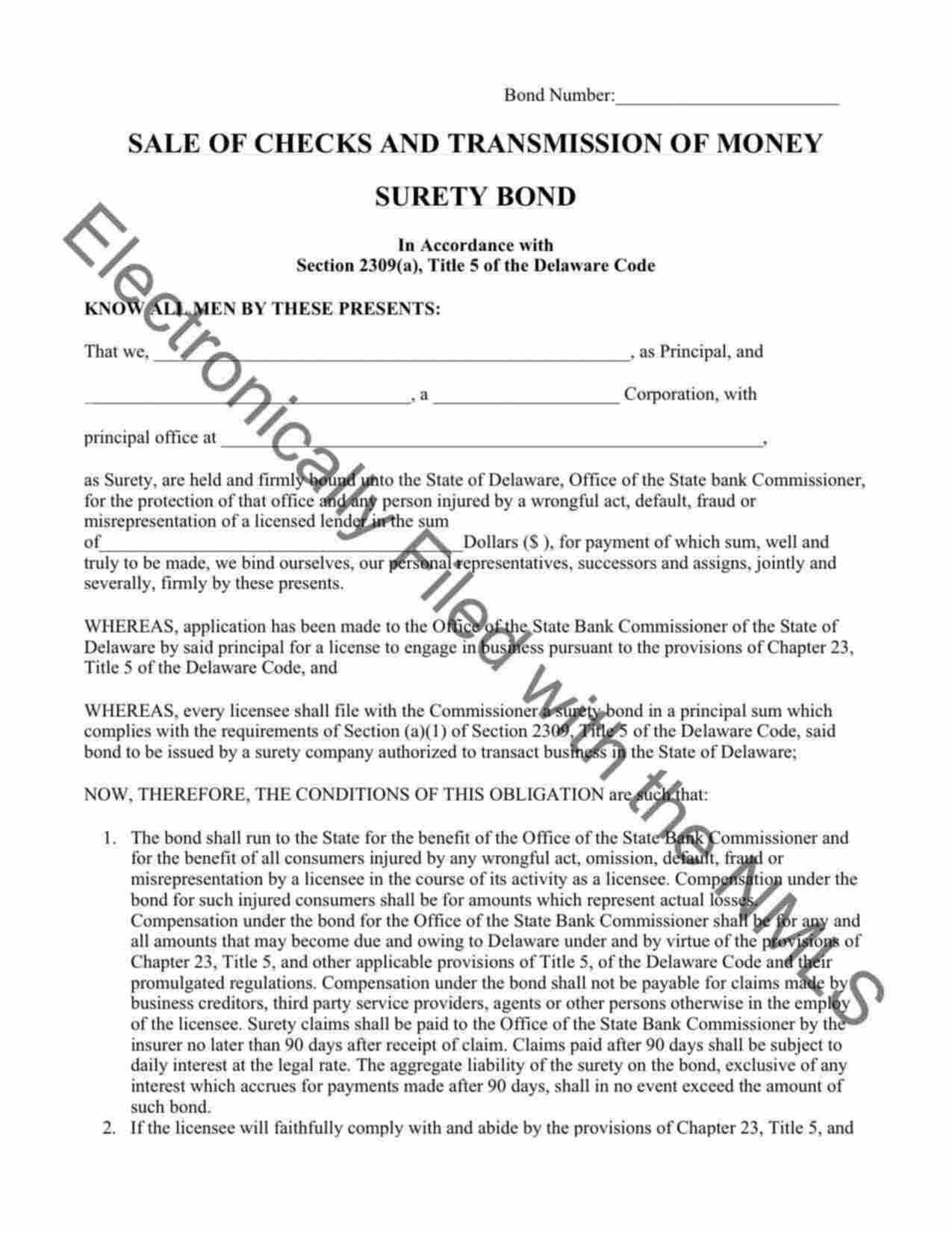 Delaware Sale of Checks and Transmission of Money Bond Form