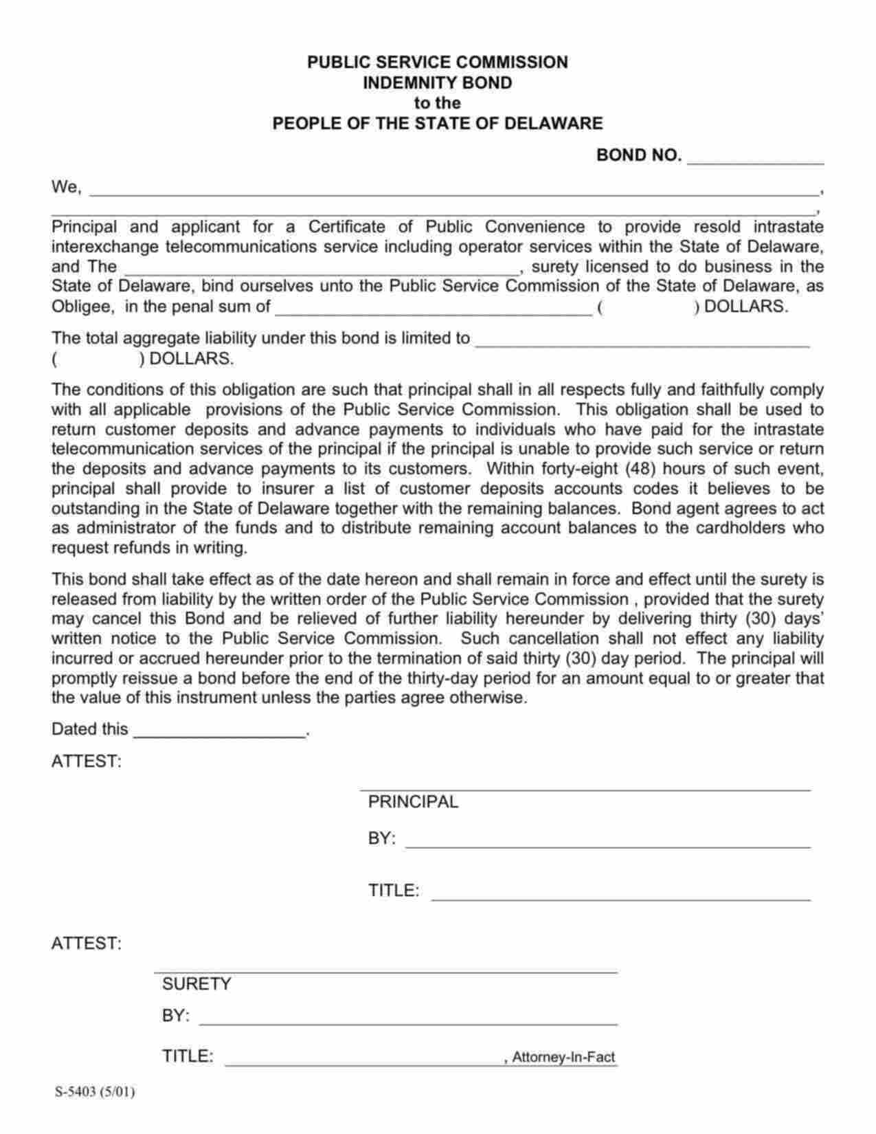Delaware Telecommunications Service Certificate of Public Convenience Indemnity Bond Form