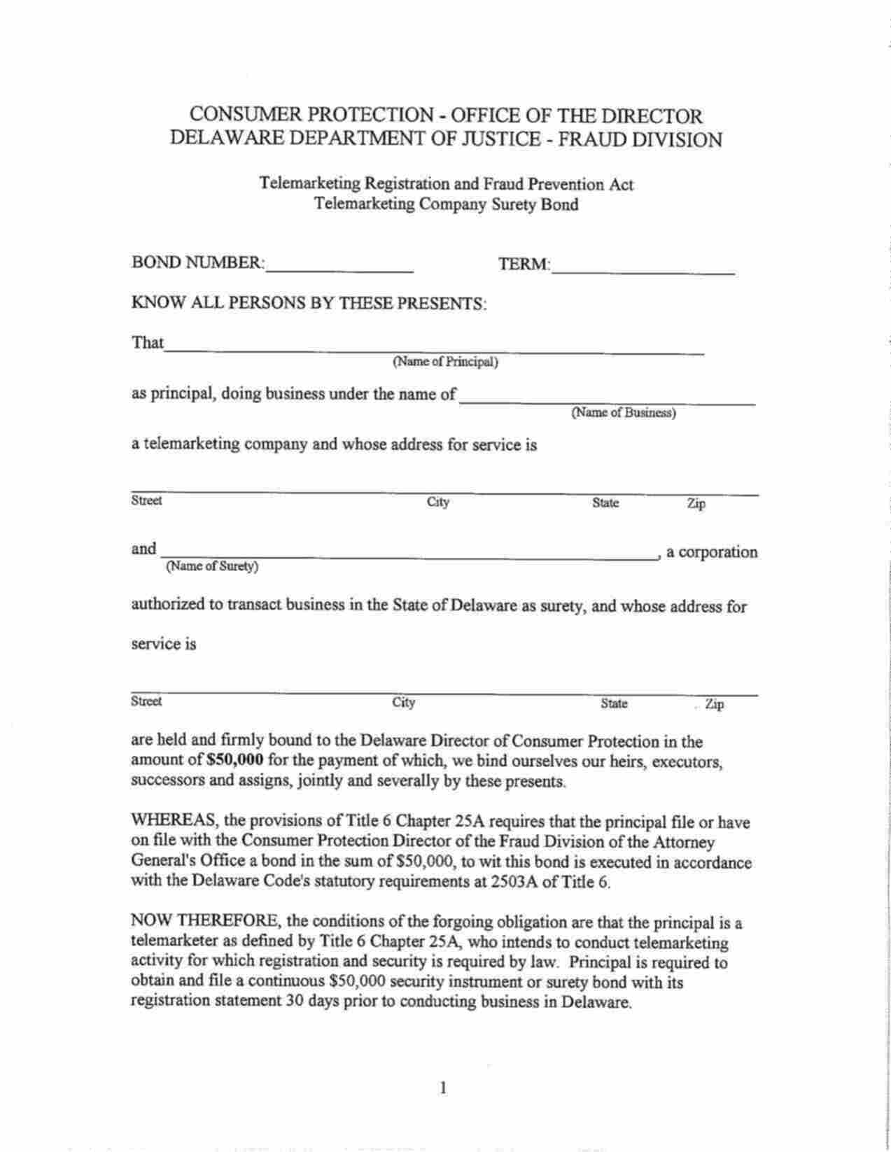 Delaware Telemarketing Registration Bond Form