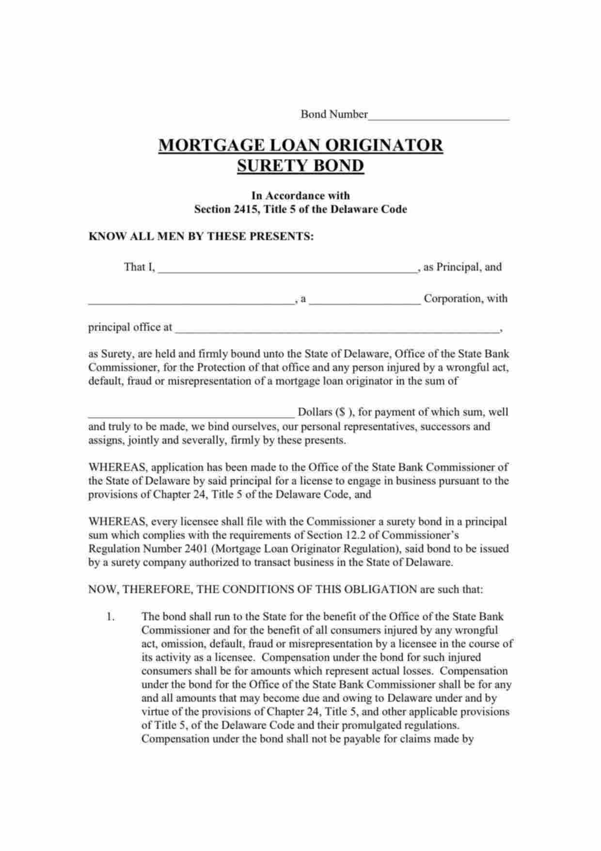 Delaware Mortgage Loan Originator Bond Form