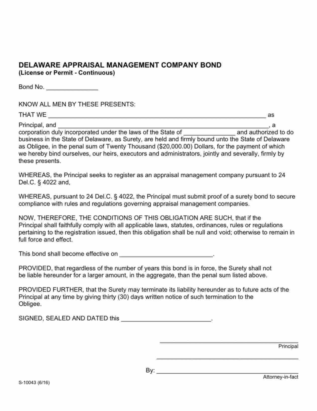 Delaware Appraisal Management Company Bond Form