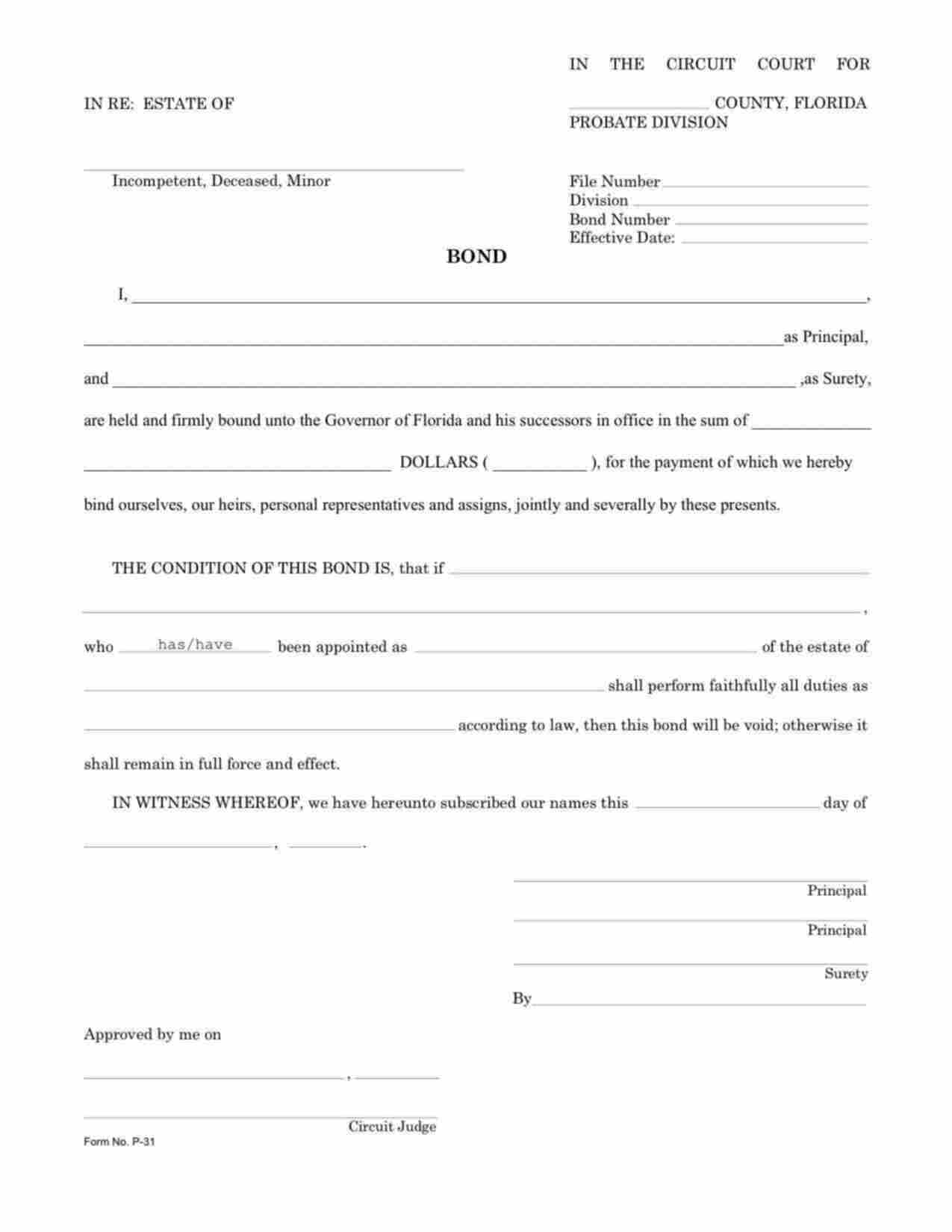 Florida Administrator/Executor Bond Form