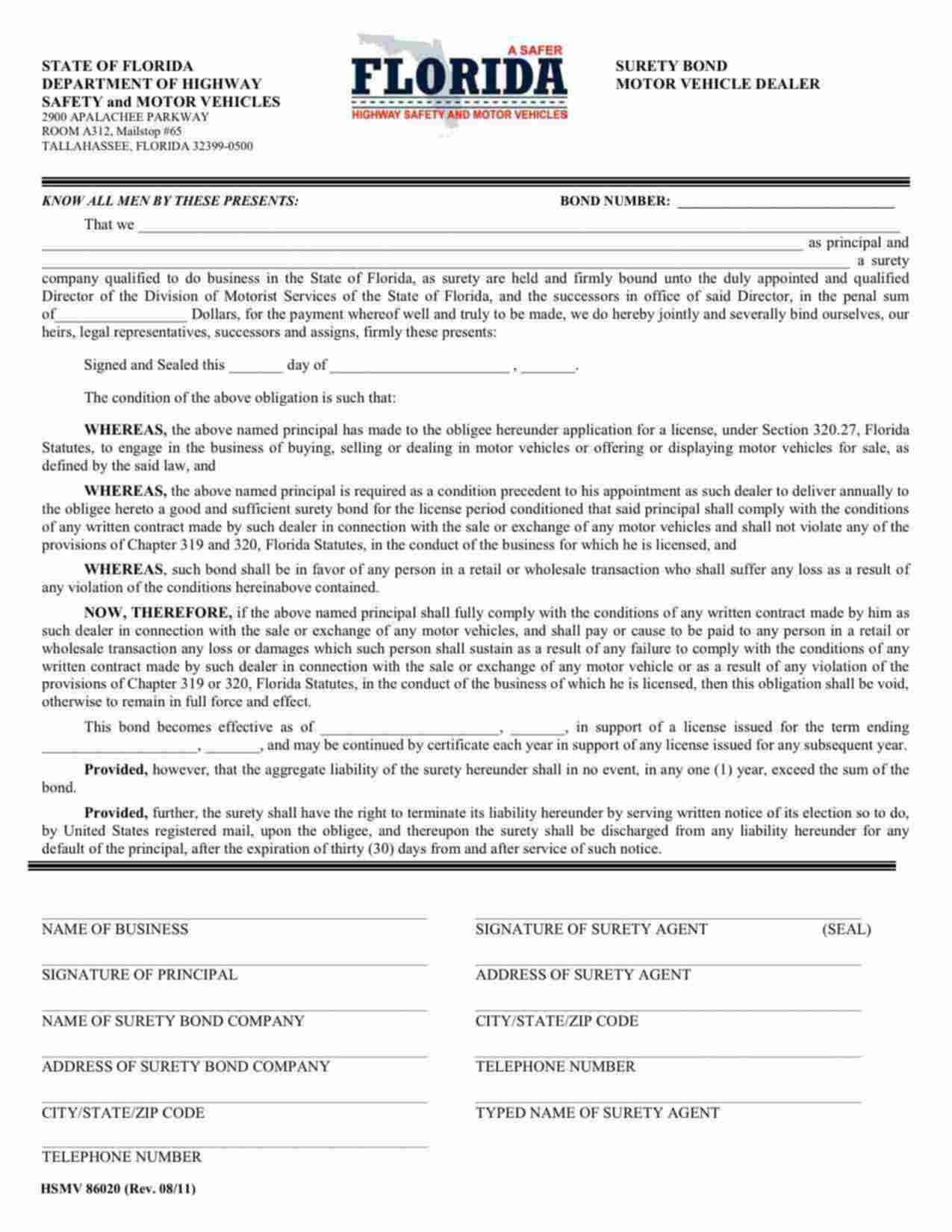 Florida Motor Vehicle Dealer (Used) Bond Form