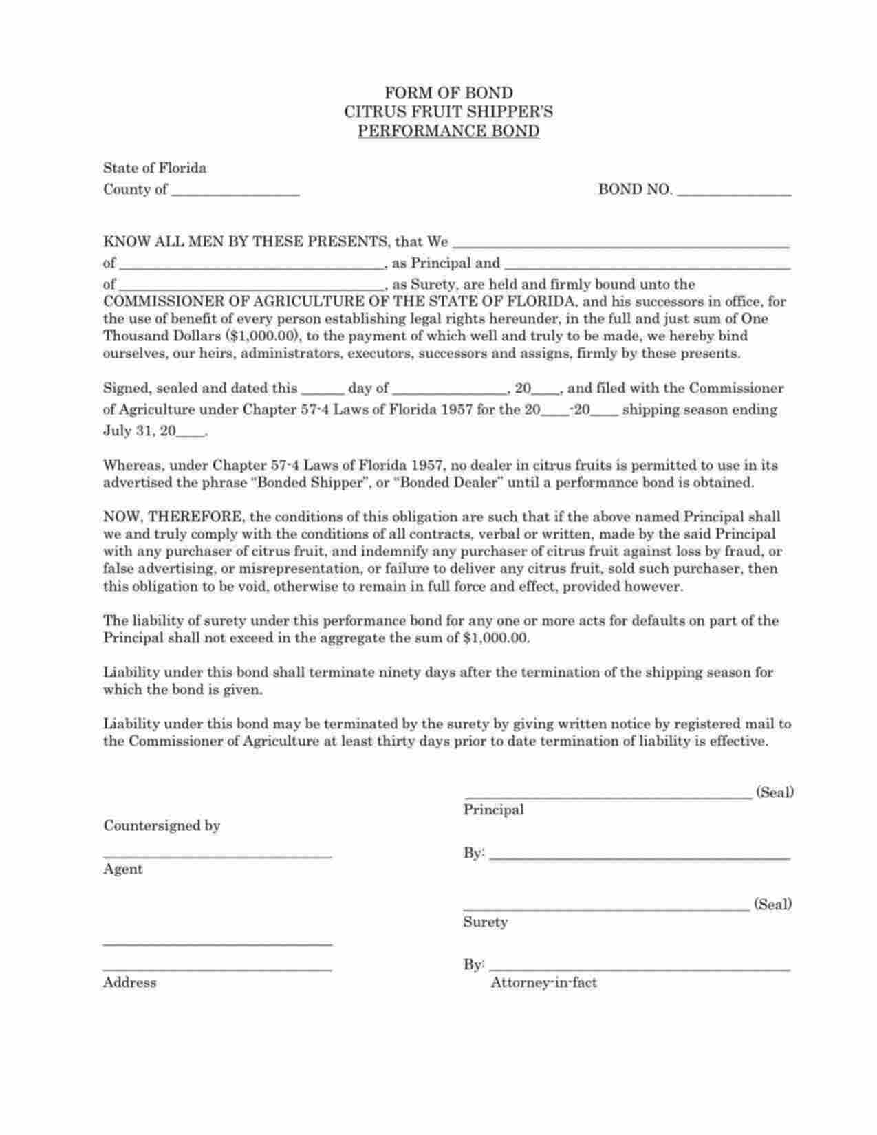 Florida Citrus Fruit Shipper's Performance Bond Form