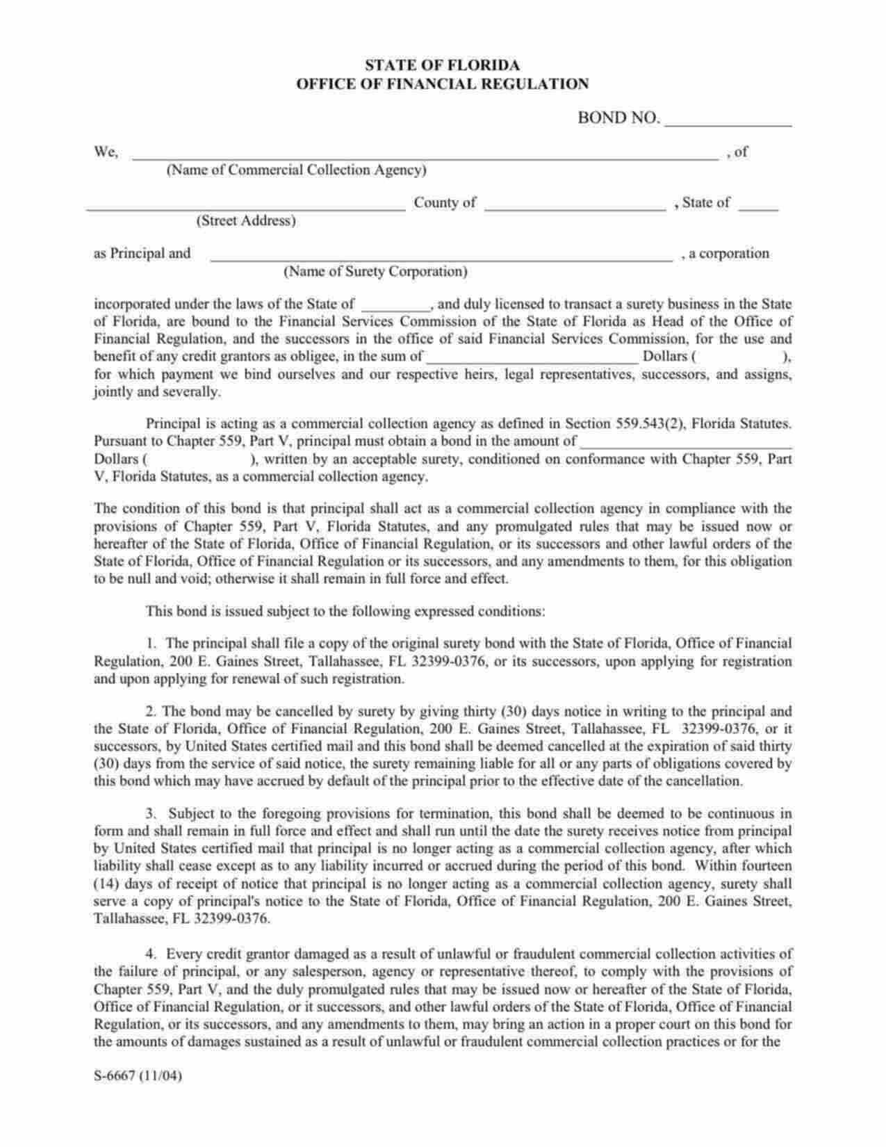 Florida Commercial Collection Agency Bond Form