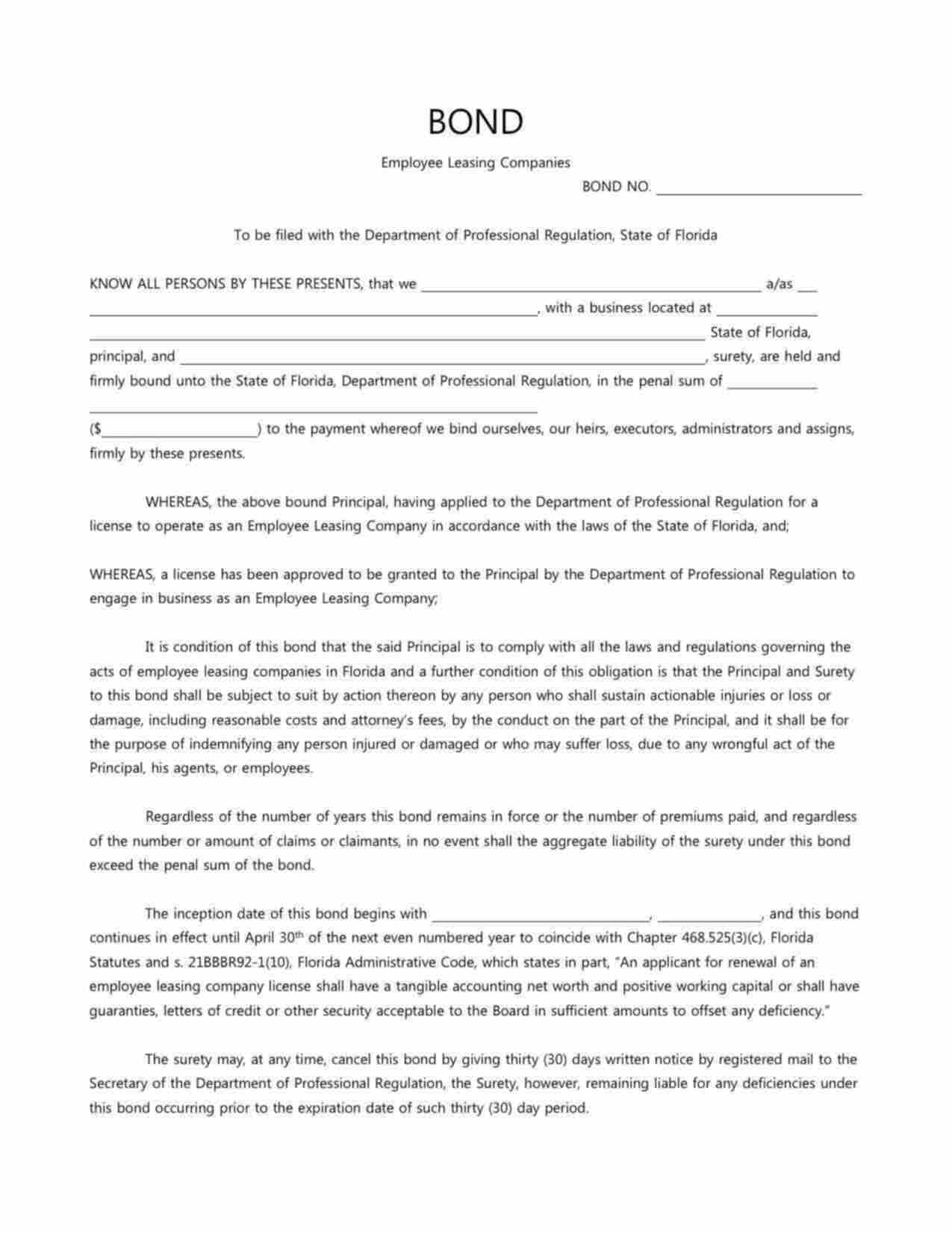 Florida Employee Leasing Bond Form