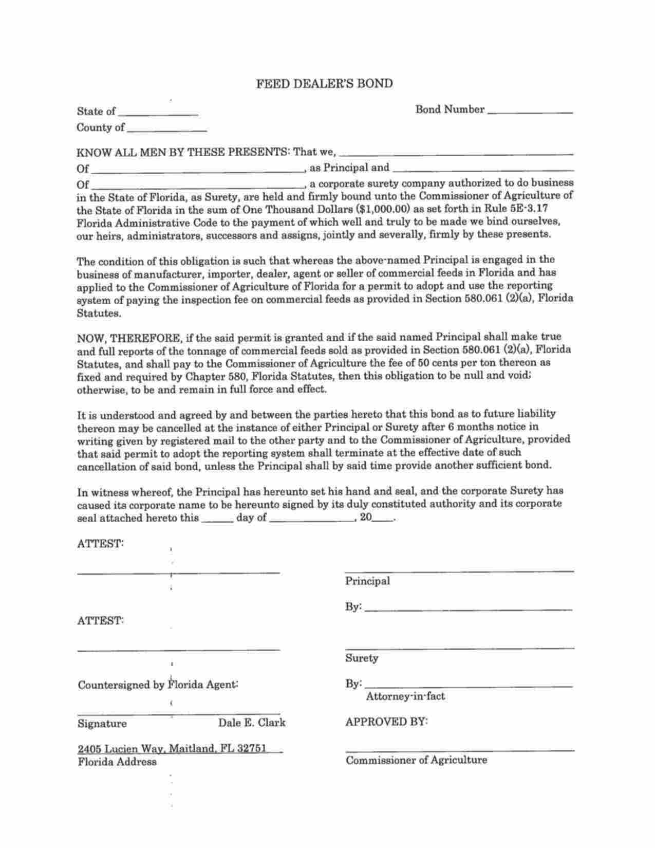 Florida Feed Dealer Bond Form