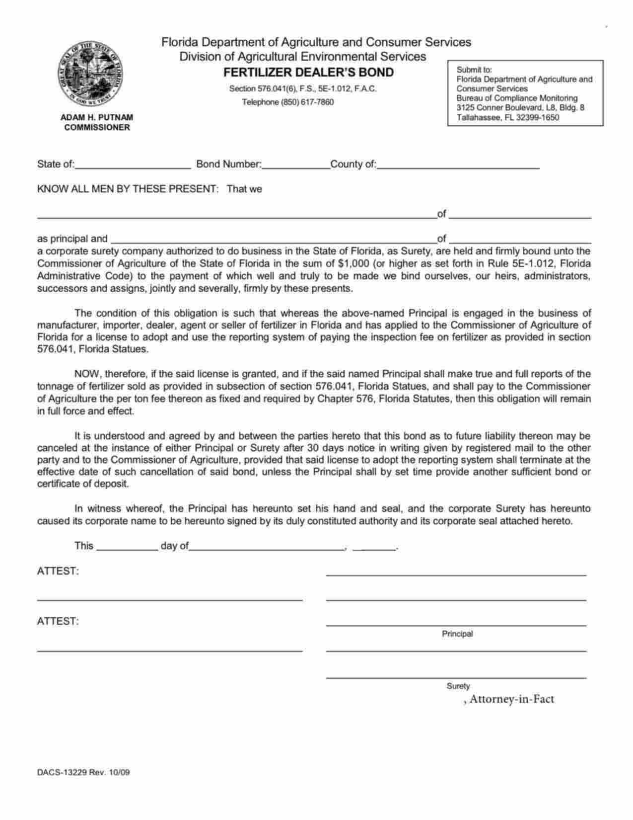 Florida Fertilizer Dealer Bond Form