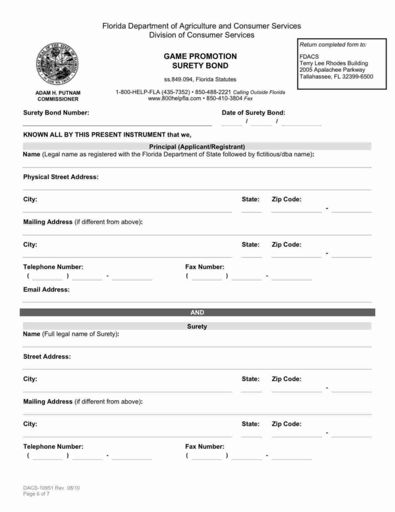 Florida Game Promotion Bond Form