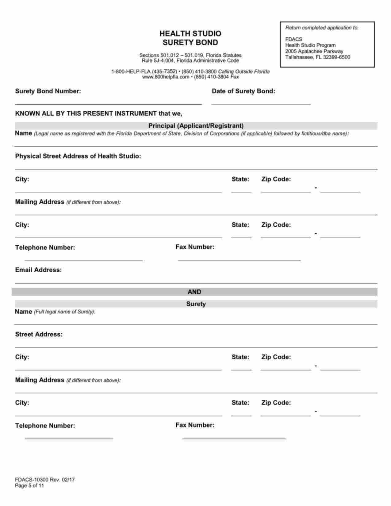 Florida Health Studio Bond Form