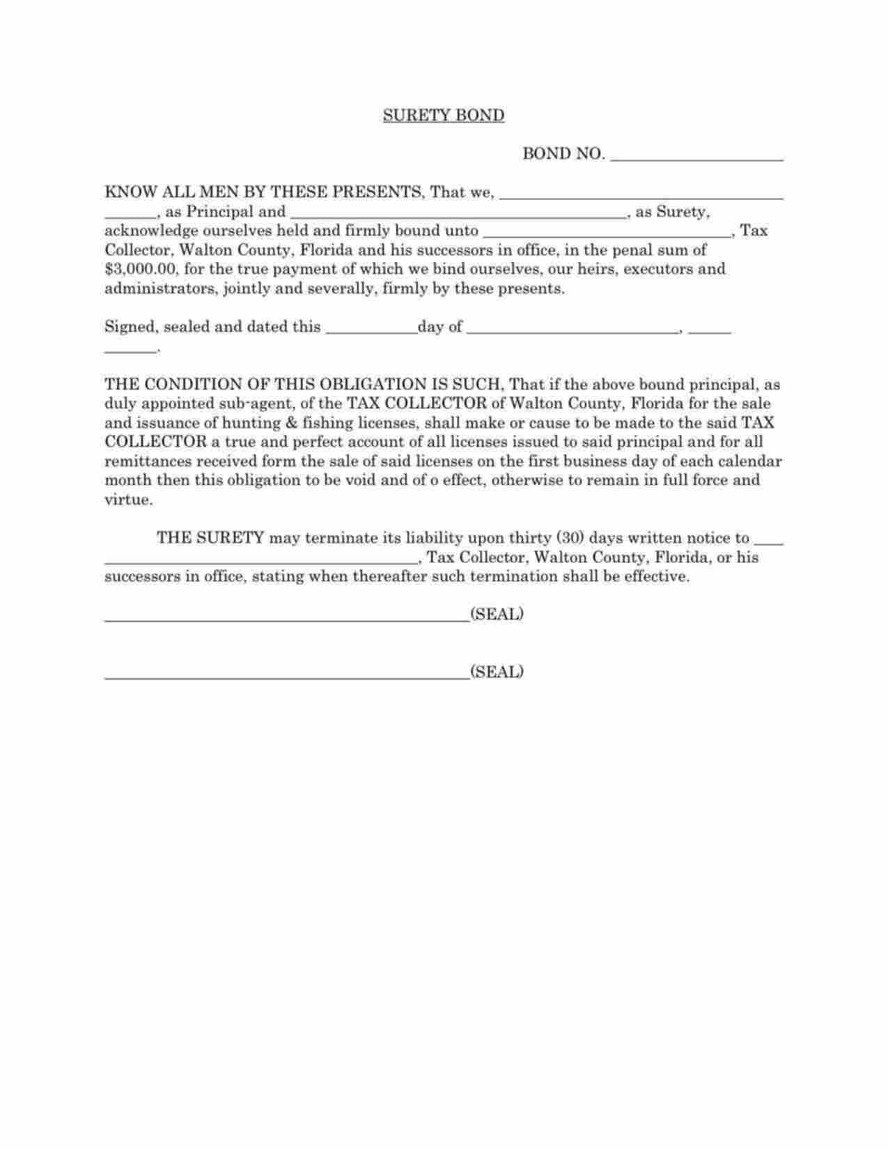 Florida Hunting and Fishing License Sub-Agent Bond Form