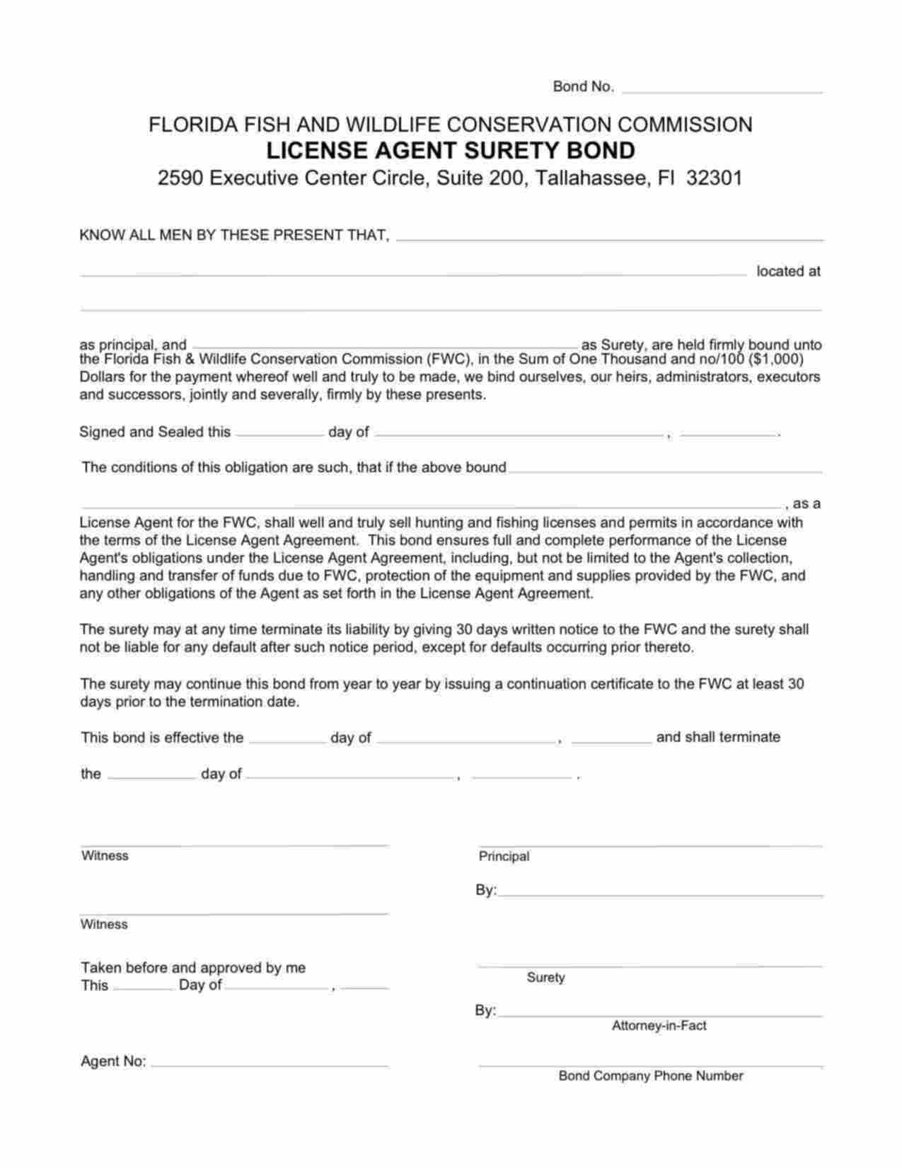 Florida Hunting and Fishing License Agent Bond Form