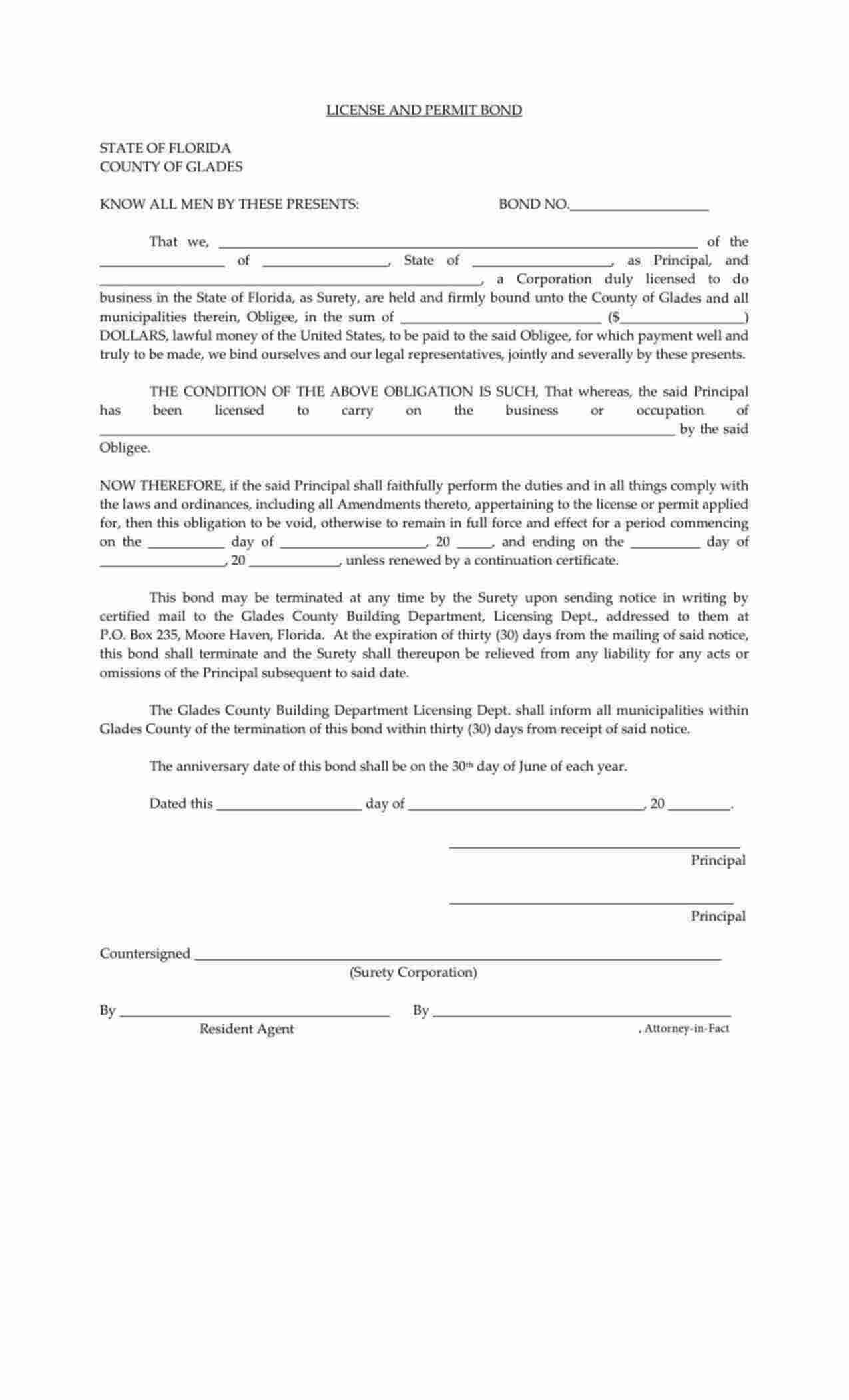 Florida License and Permit Bond Form