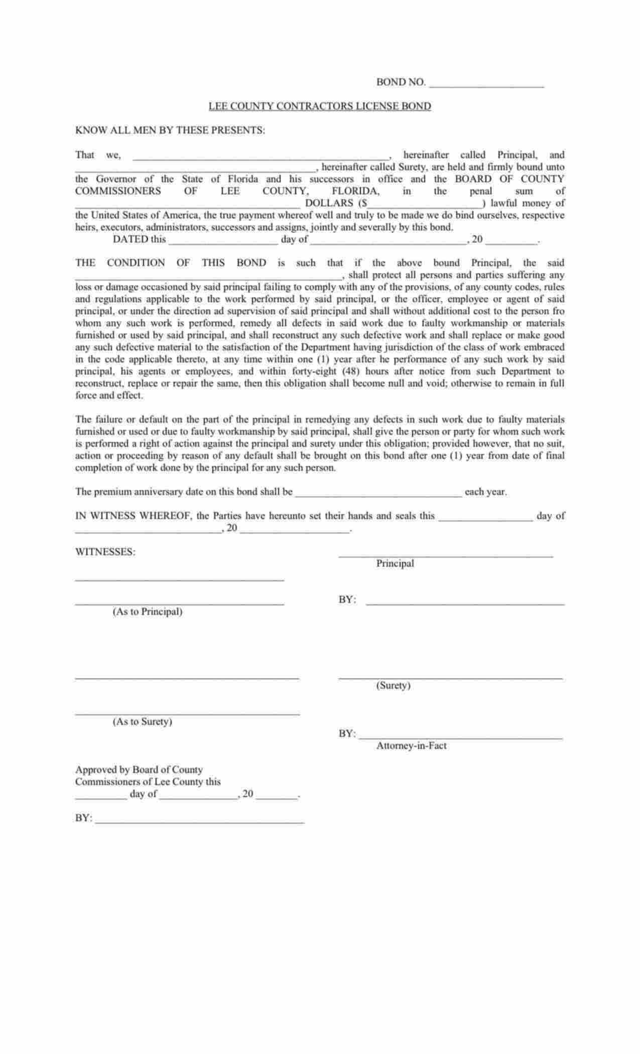Florida Contractors License Bond Form