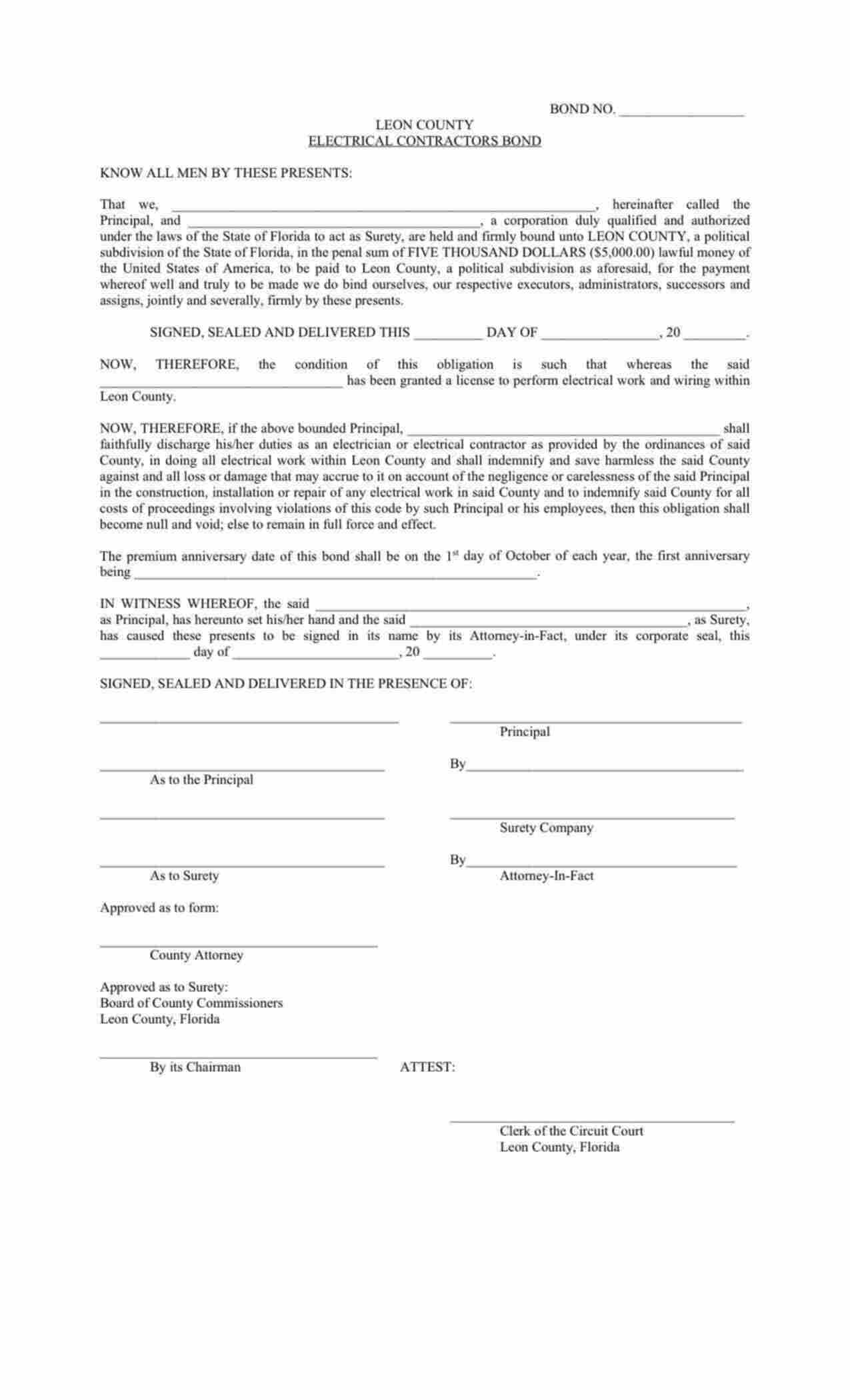 Florida Electrical Contractor Bond Form