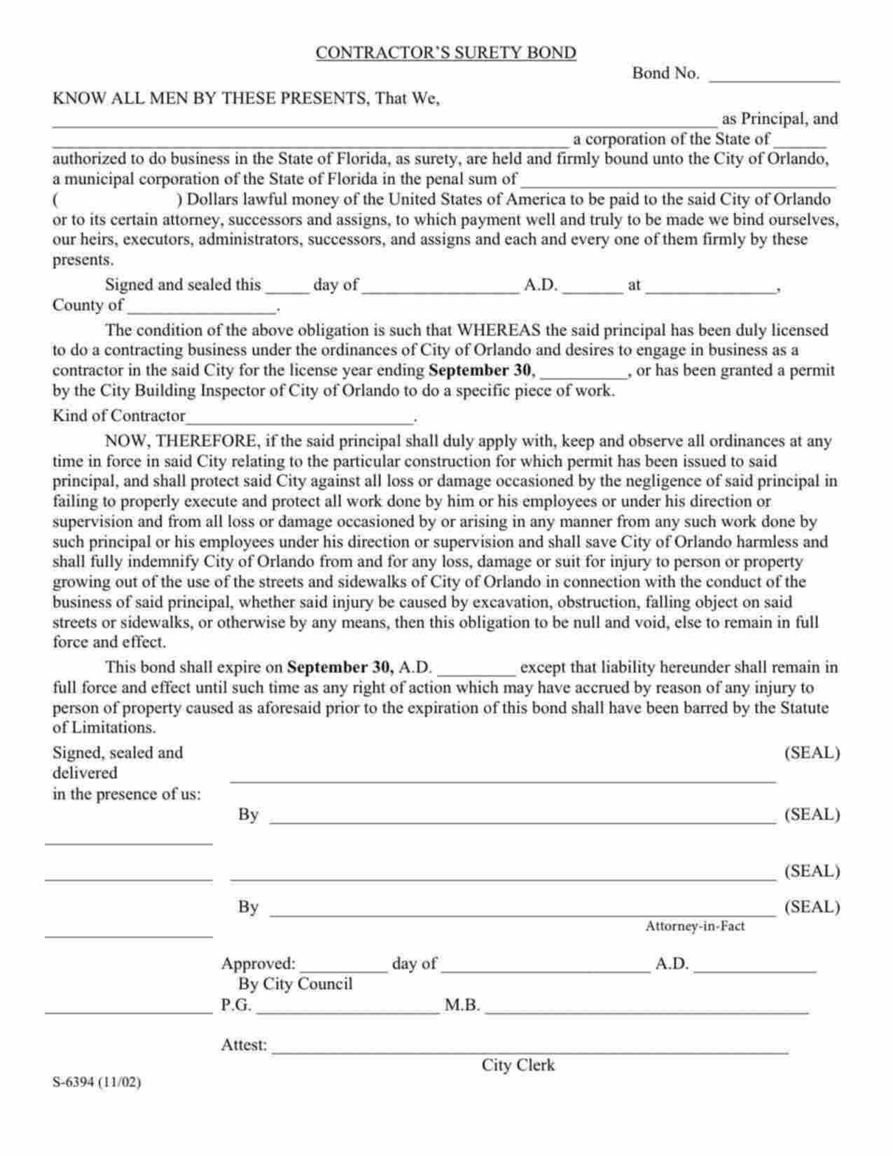 Florida Contractor's License/Permit Bond Form