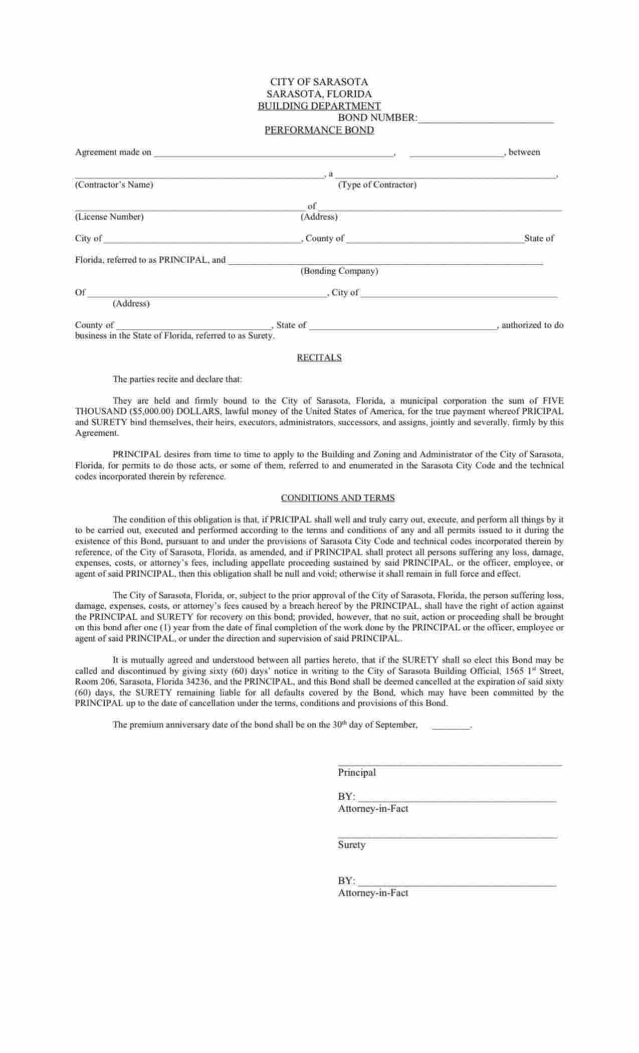 Florida Contractor Performance Bond Form