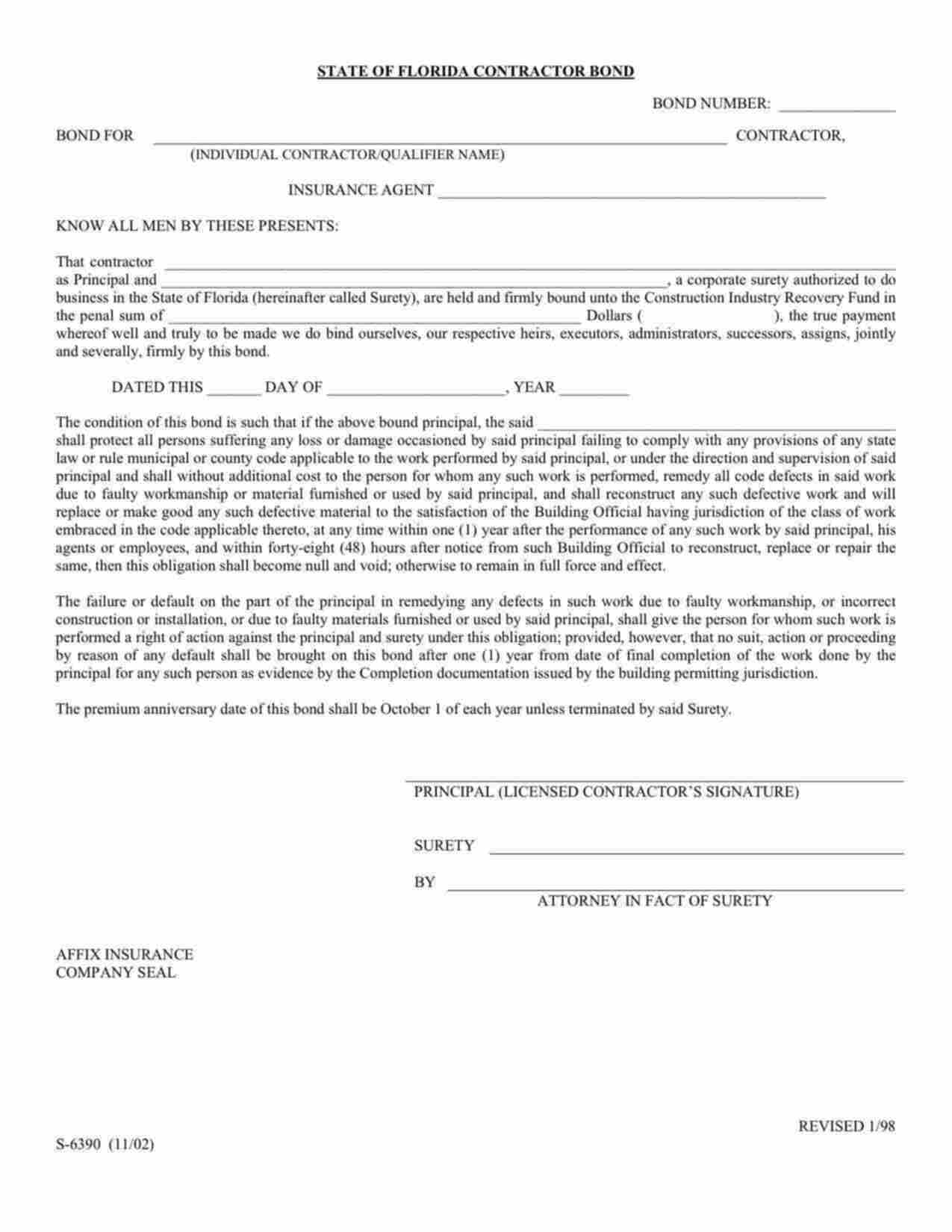 Florida Contractor License (Recovery Fund) Bond Form