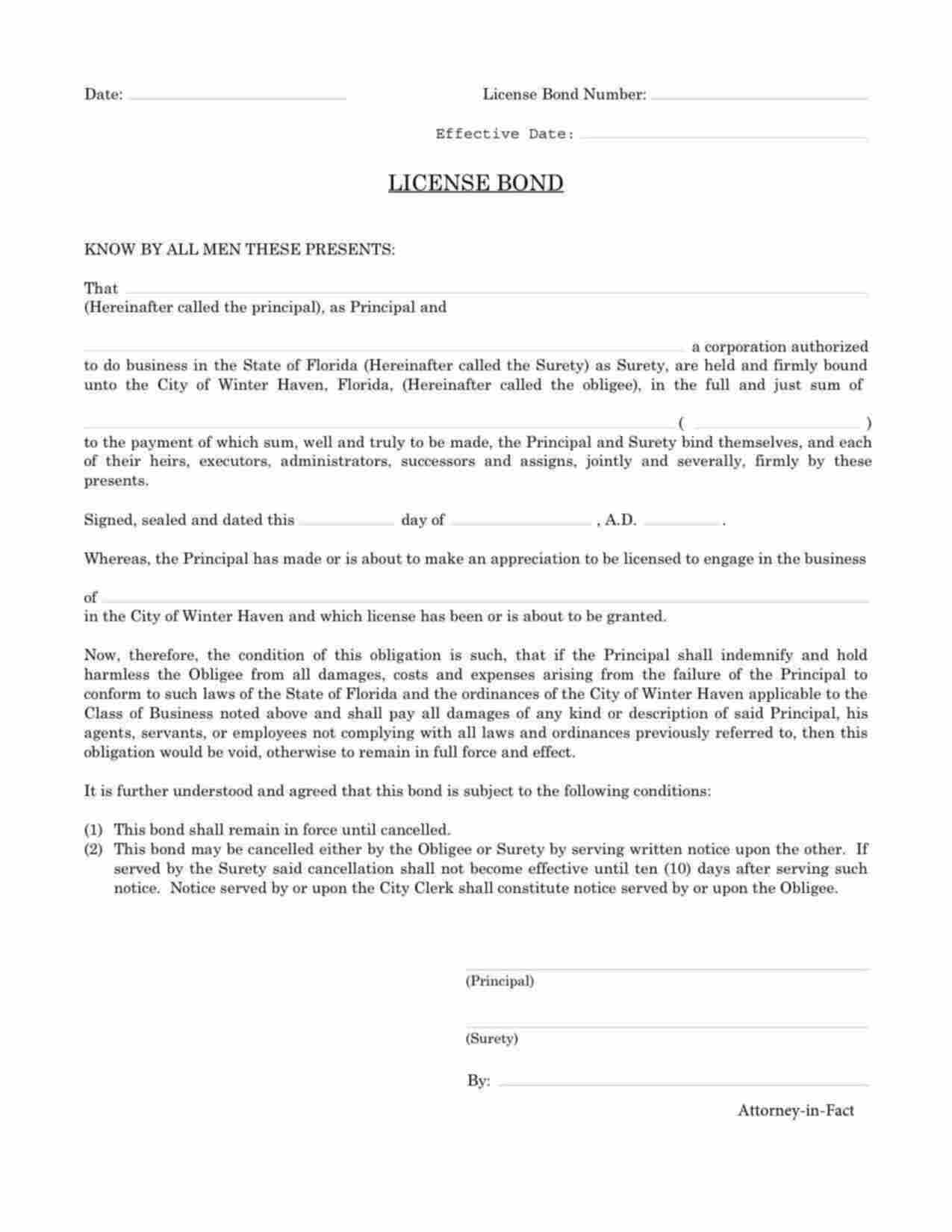 Florida License/Permit Bond Form