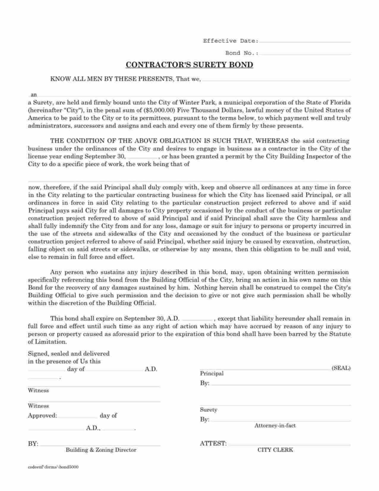 Florida License/Permit Bond Form