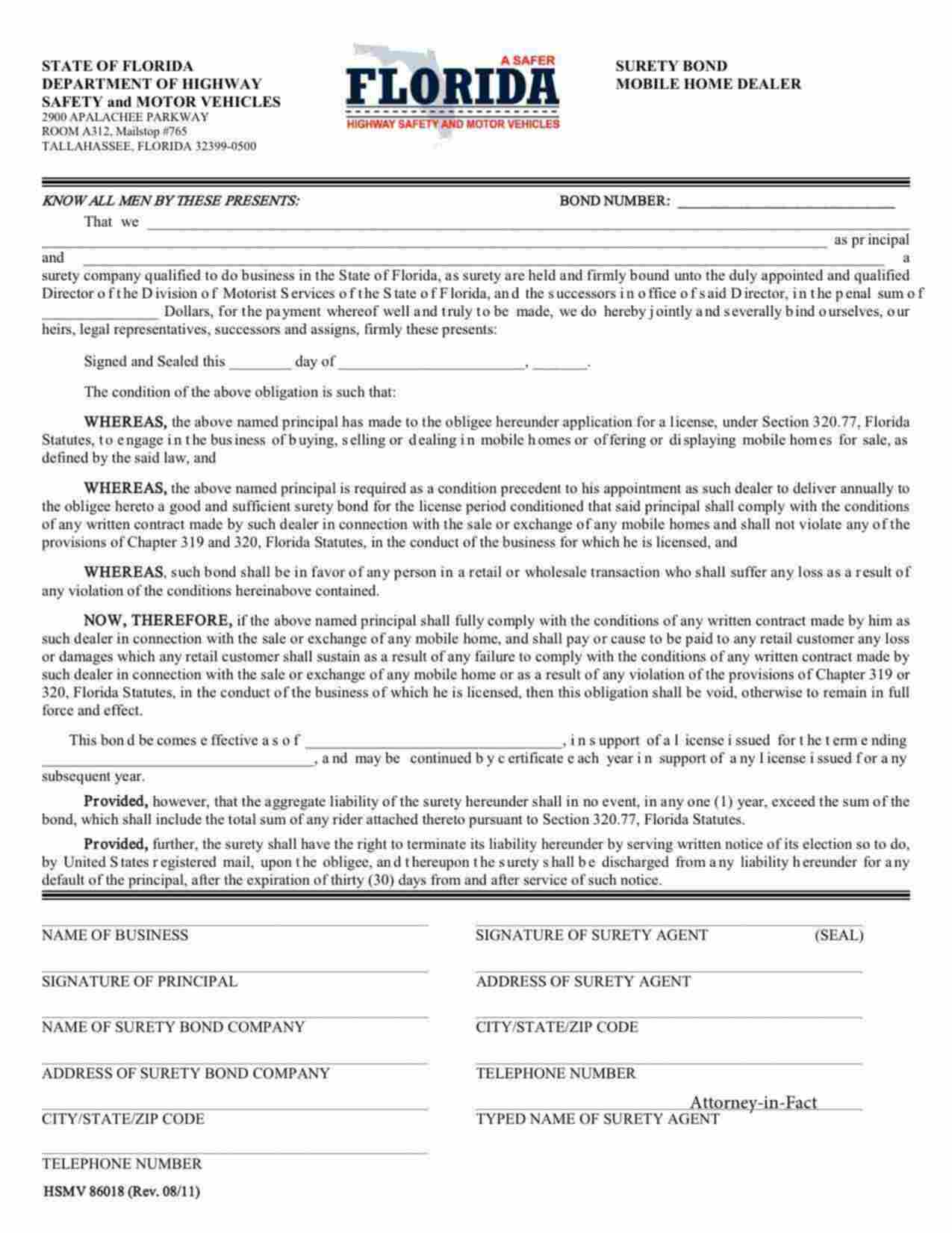 Florida Mobile Home Dealer Bond Form