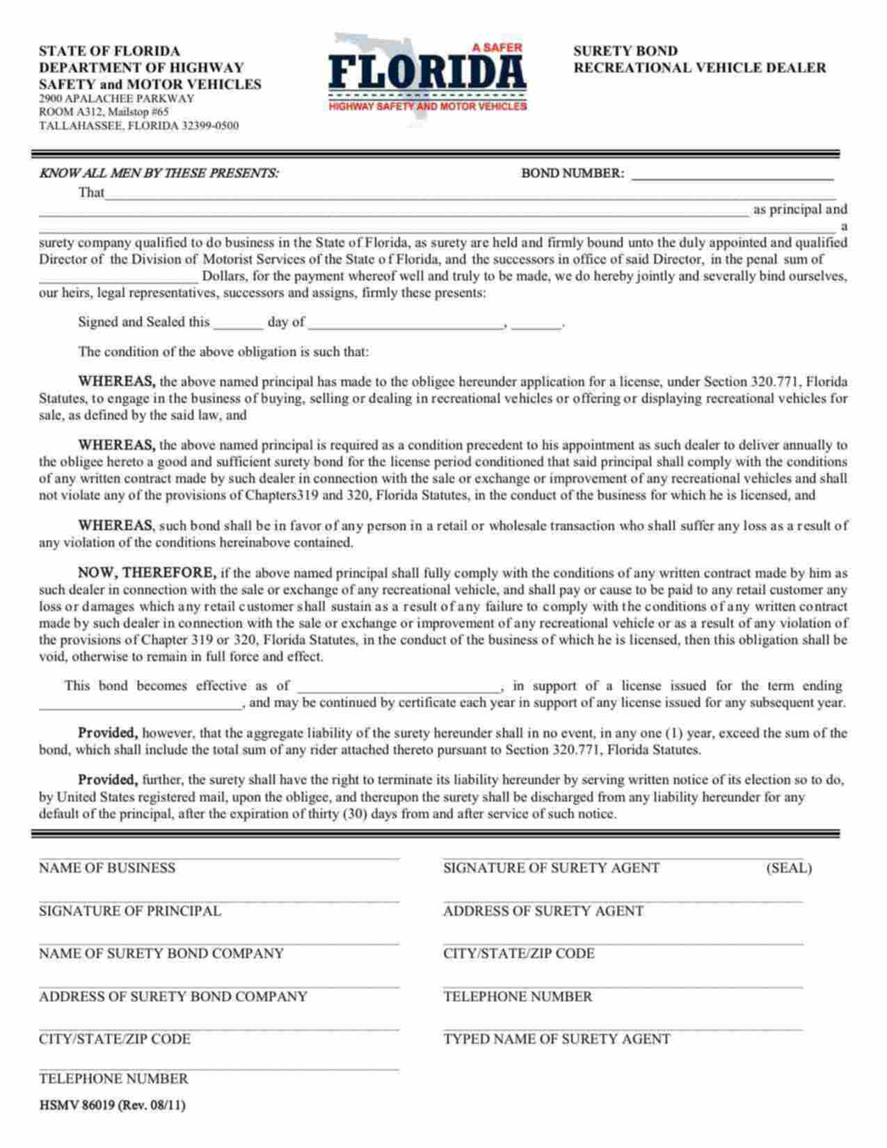 Florida Recreational Vehicle Dealer Bond Form