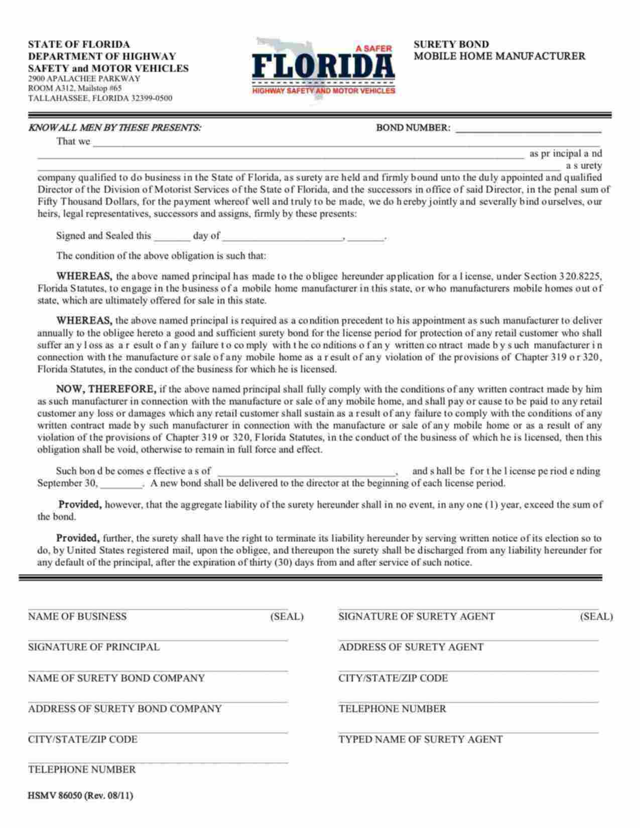 Florida Mobile Home Manufacturer Bond Form