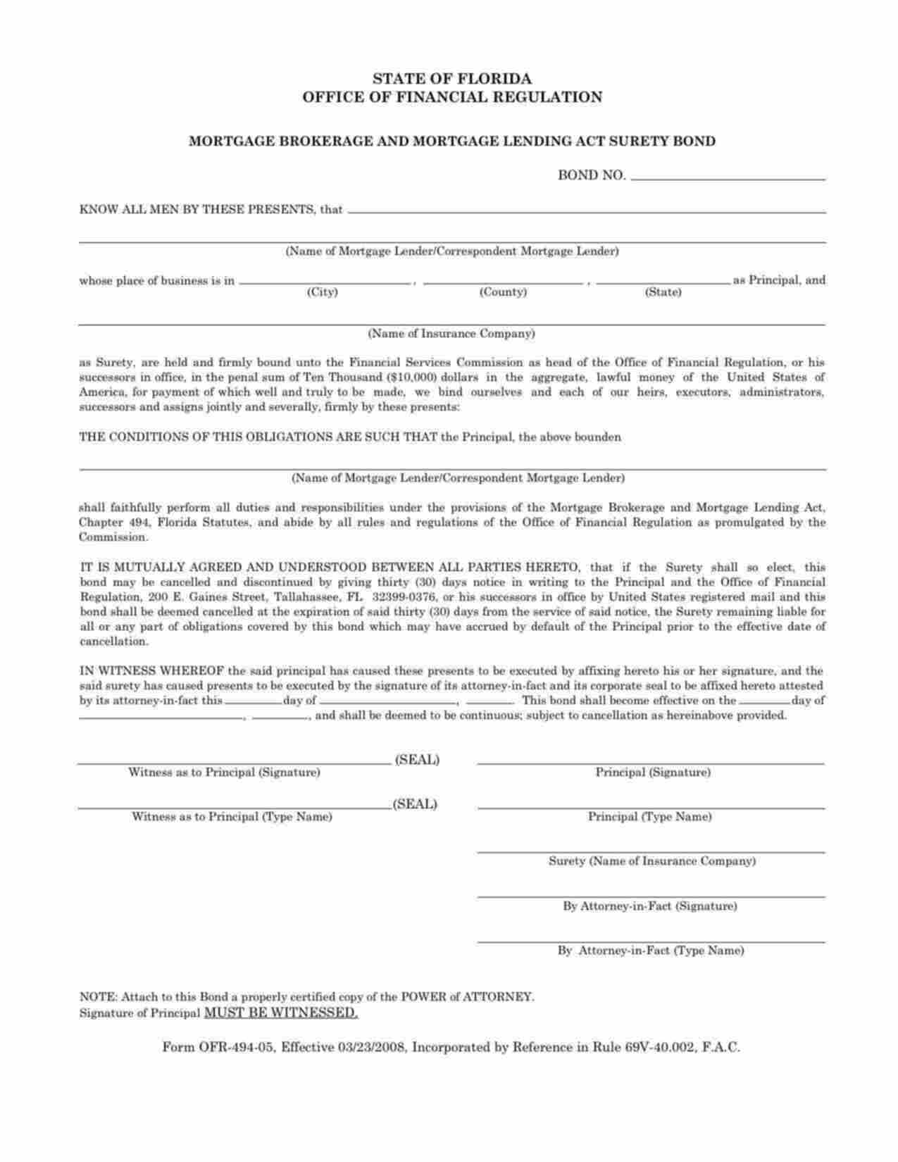 Florida NO LONGER REQUIRED Mortgage Broker/Lender Bond Form