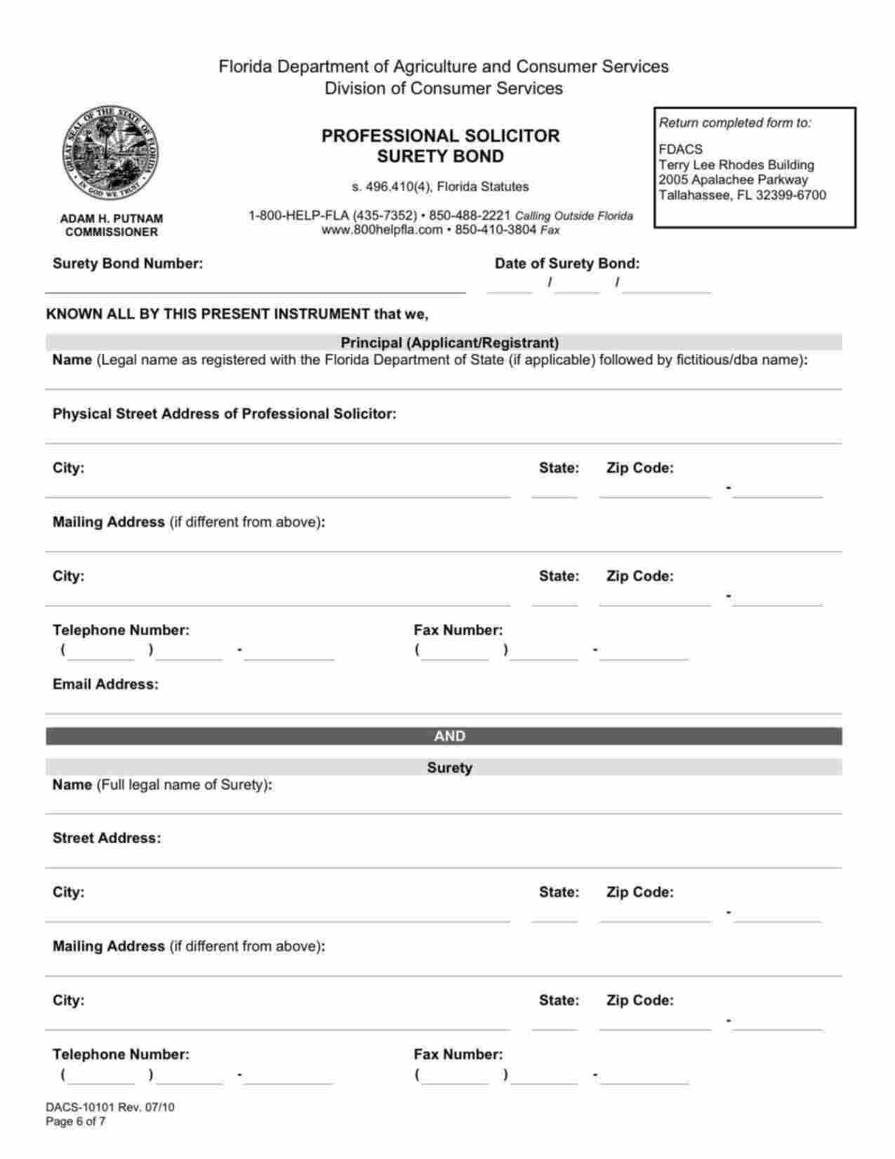 Florida Professional Solicitor Bond Form