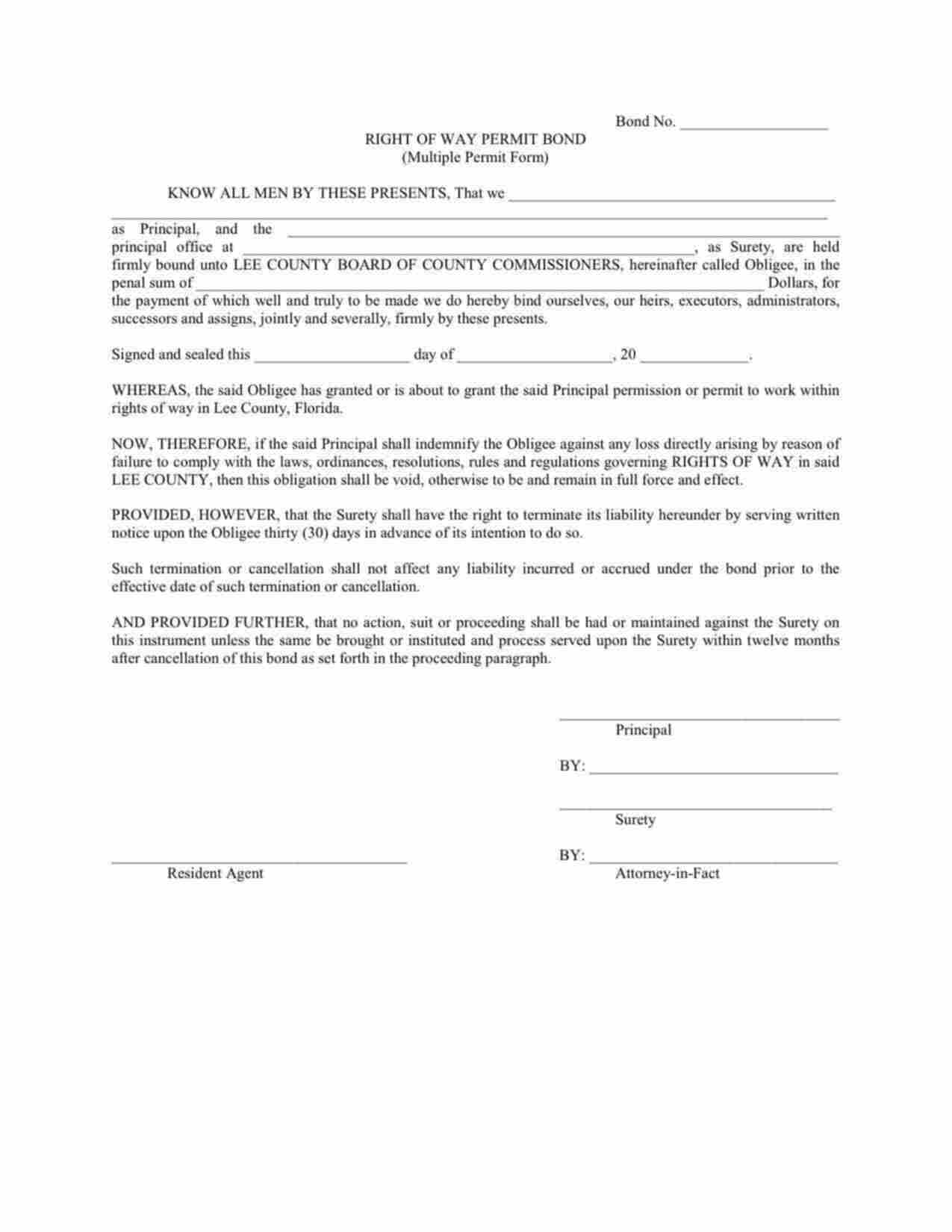 Florida Right of Way Permit Bond Form