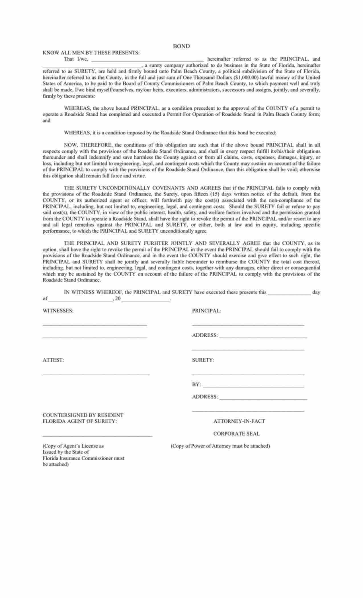 Florida Roadside Stand Permit Bond Form