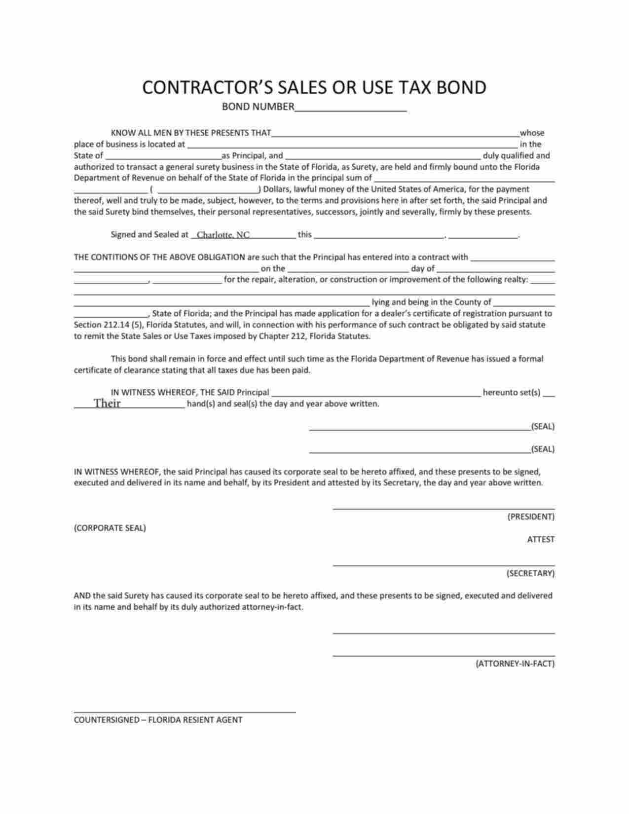 Florida Contractor's Sales or Use Tax Bond Form