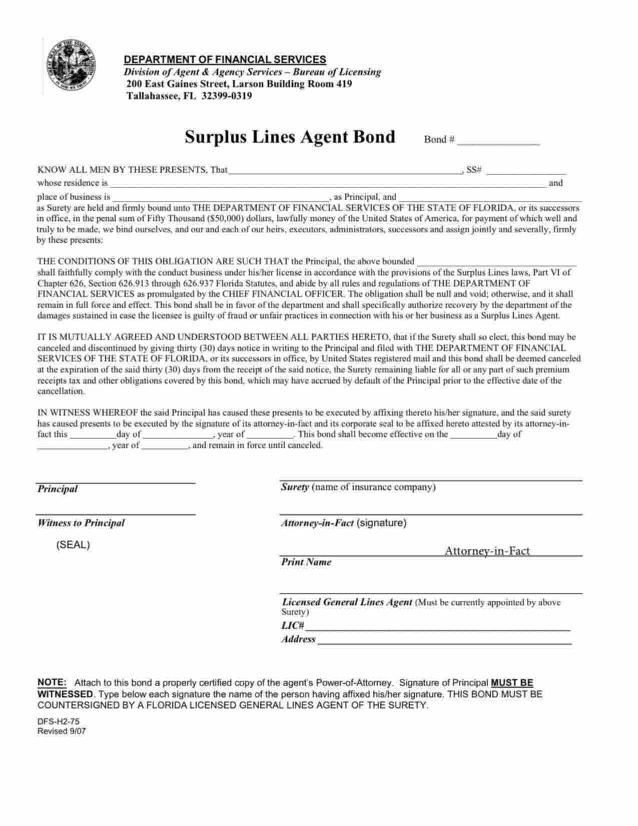 Florida Surplus Lines Broker Bond Form