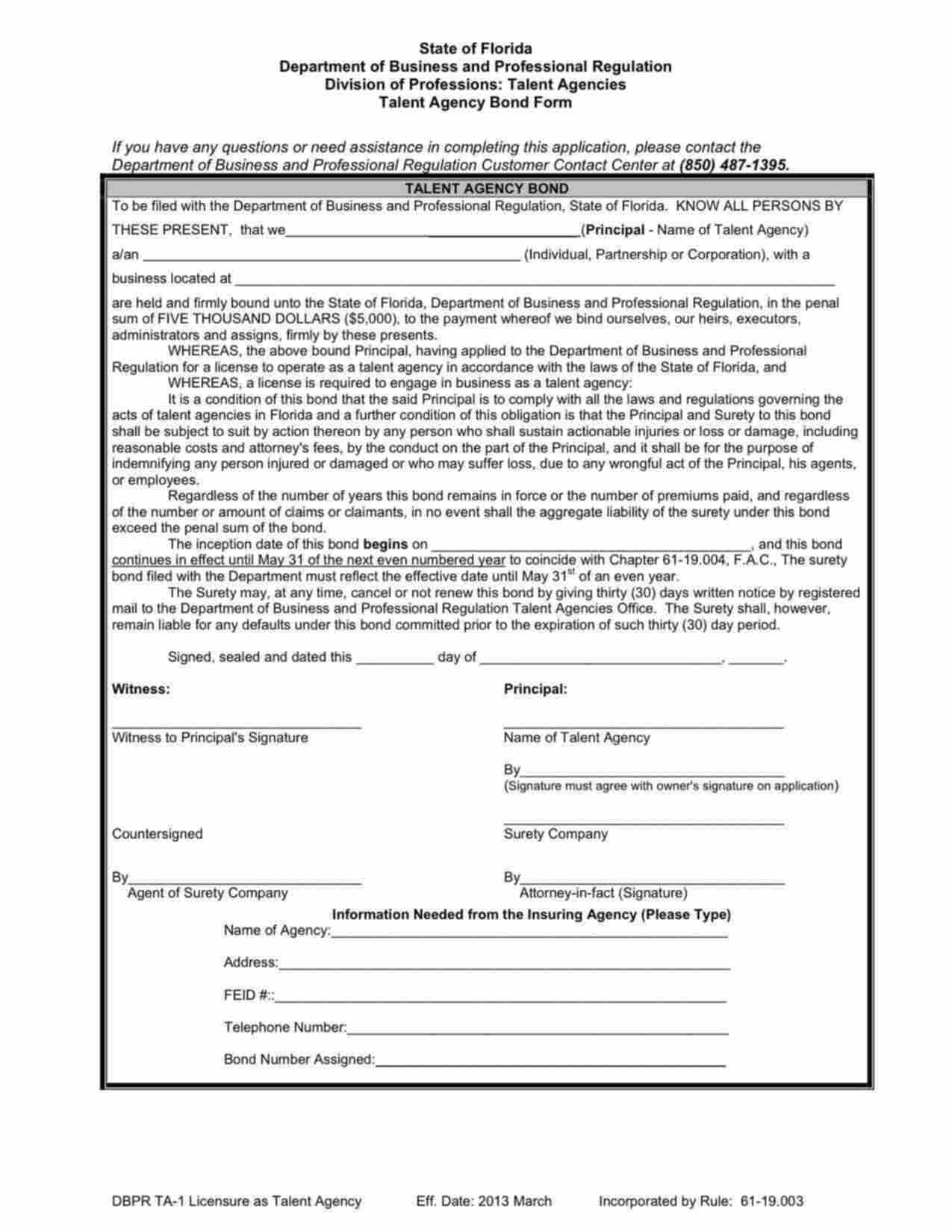 Florida Talent Agency Bond Form