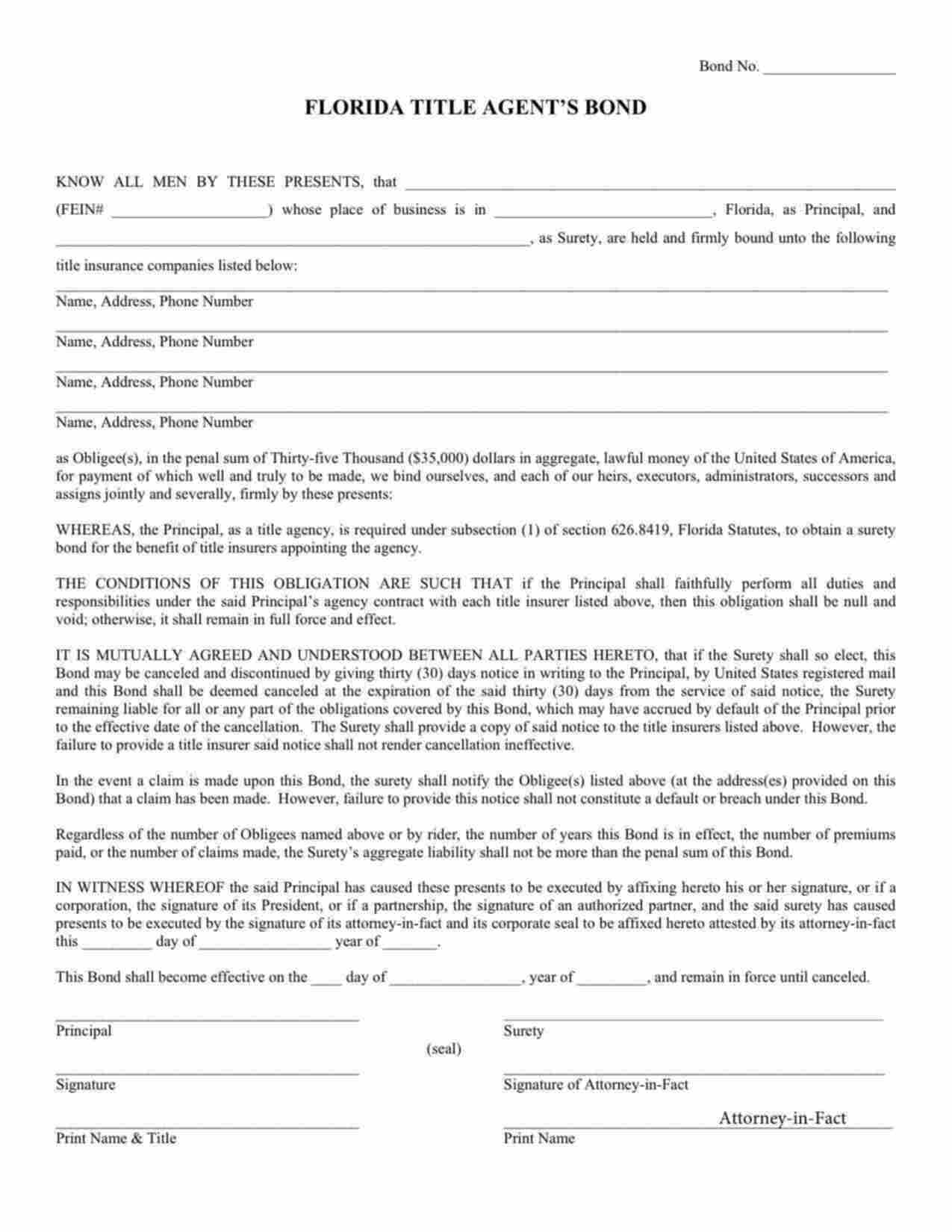 Florida Title Agent Bond Form