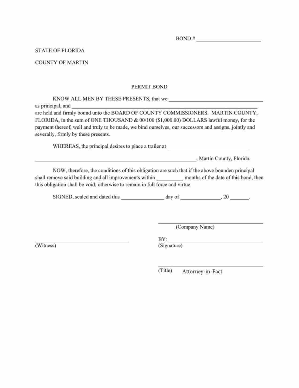 Florida Trailer Placement Permit Bond Form