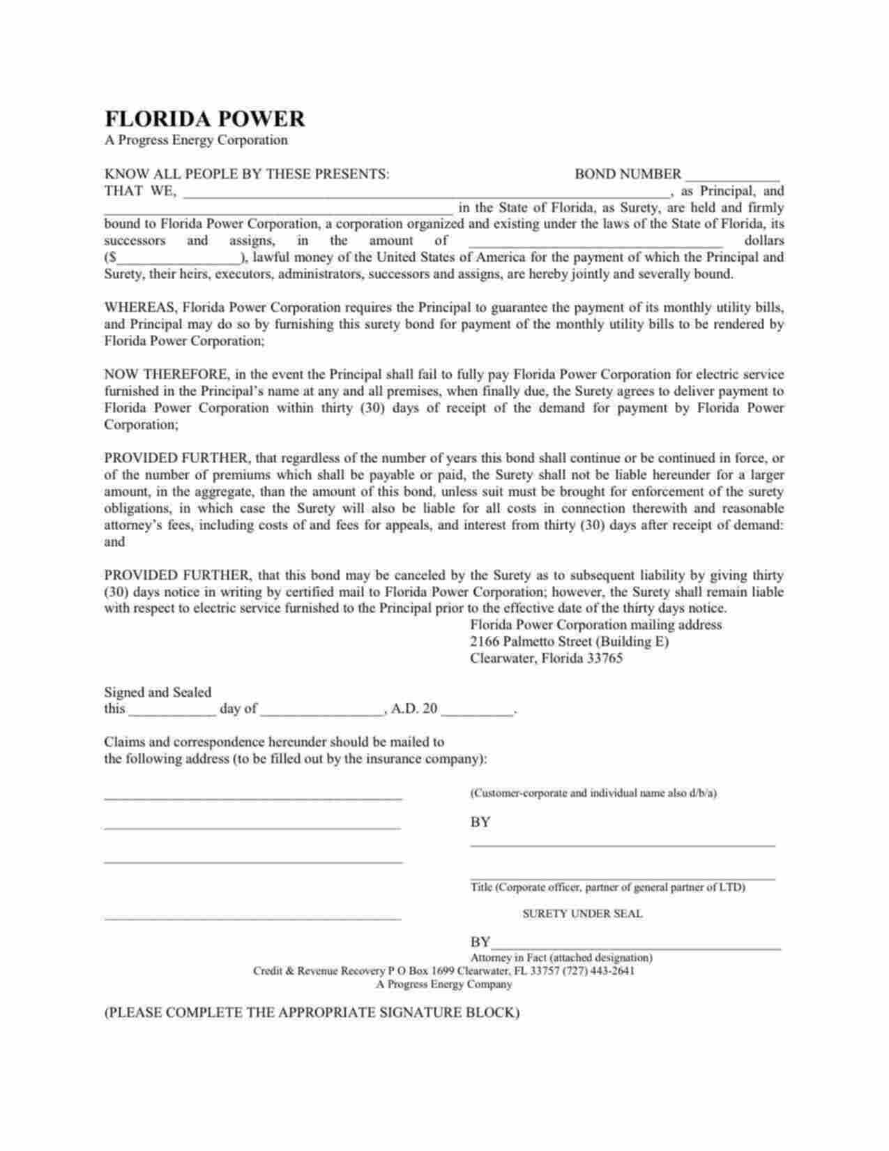 Florida Utility Deposit Bond Form