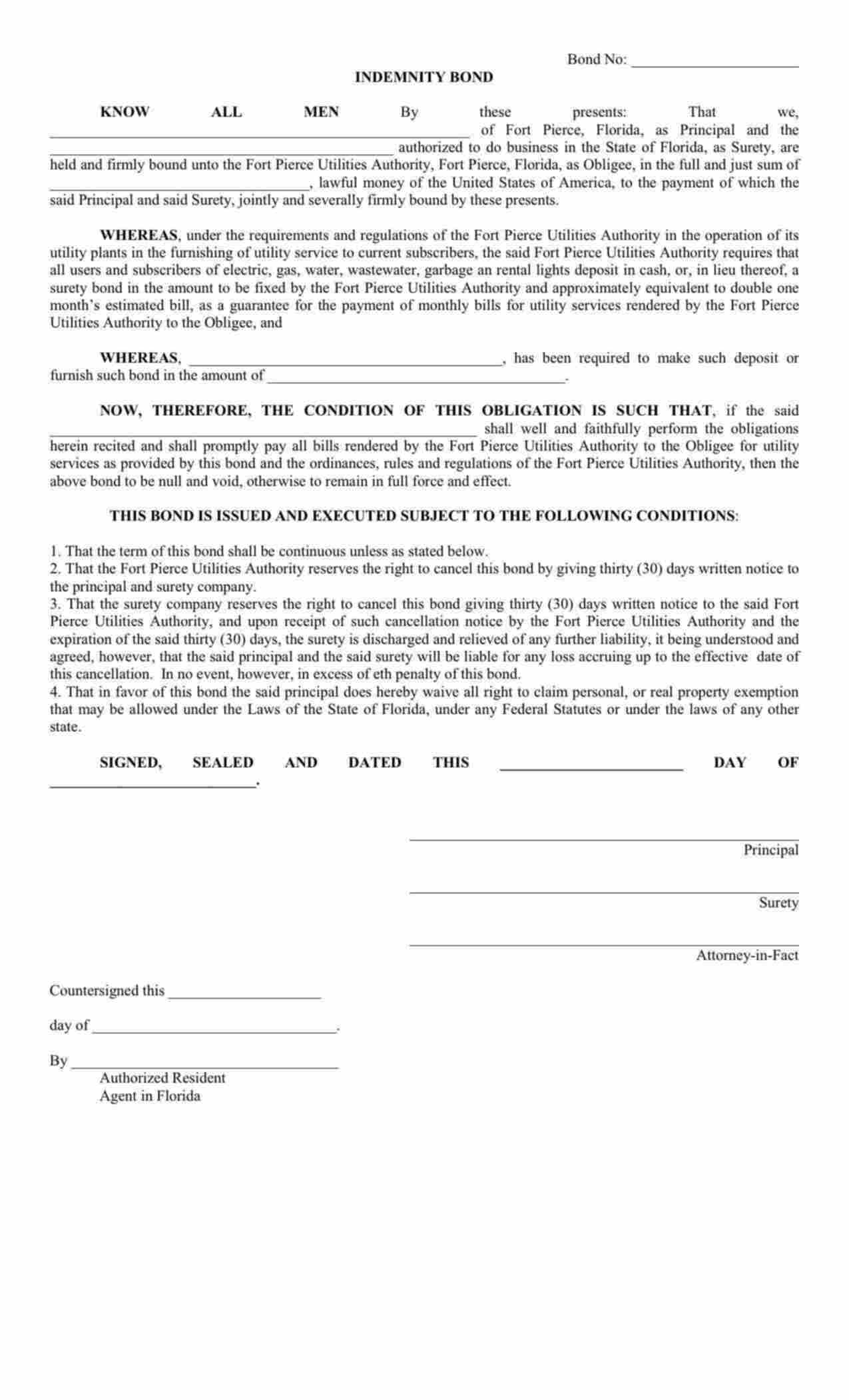 Florida Utility Deposit Bond Form