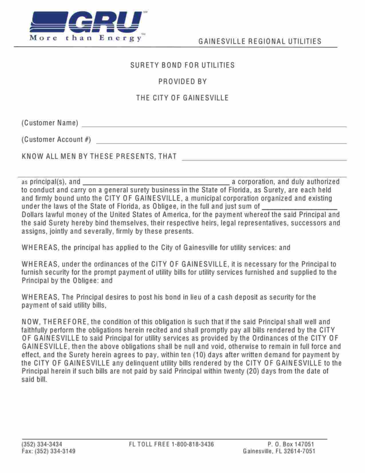 Florida Utility Deposit Bond Form