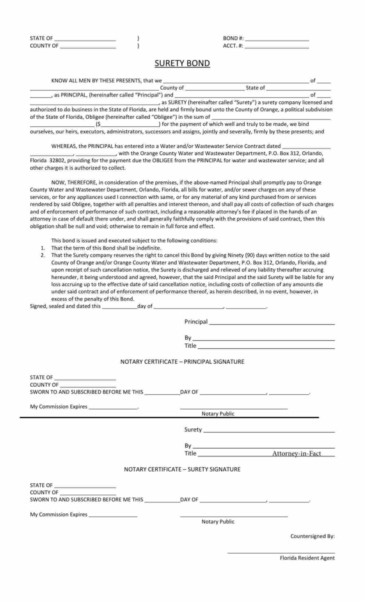 Florida Utility Deposit Bond Form