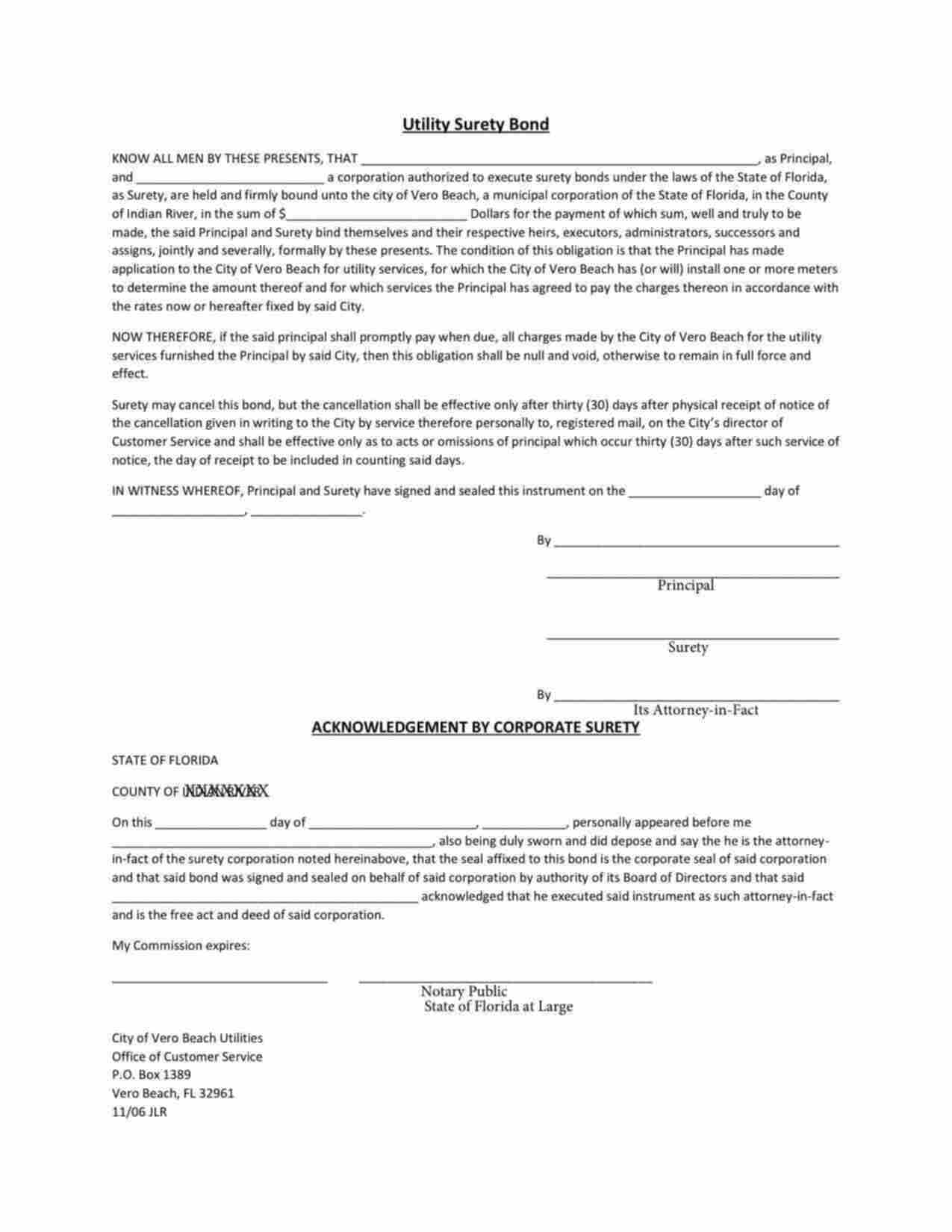 Florida Utility Deposit Bond Form