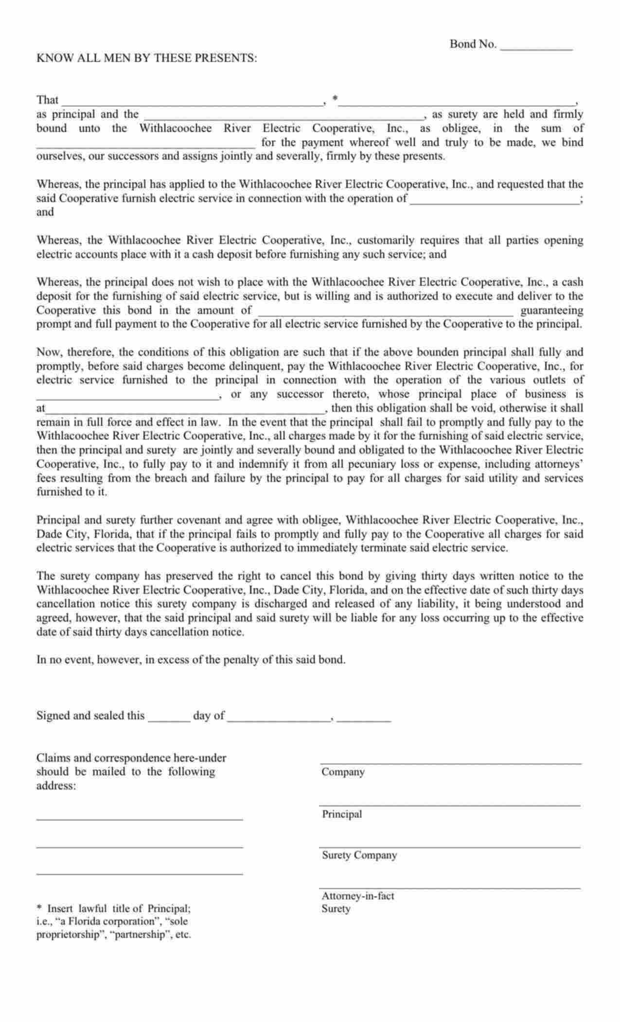 Florida Utility Deposit Bond Form