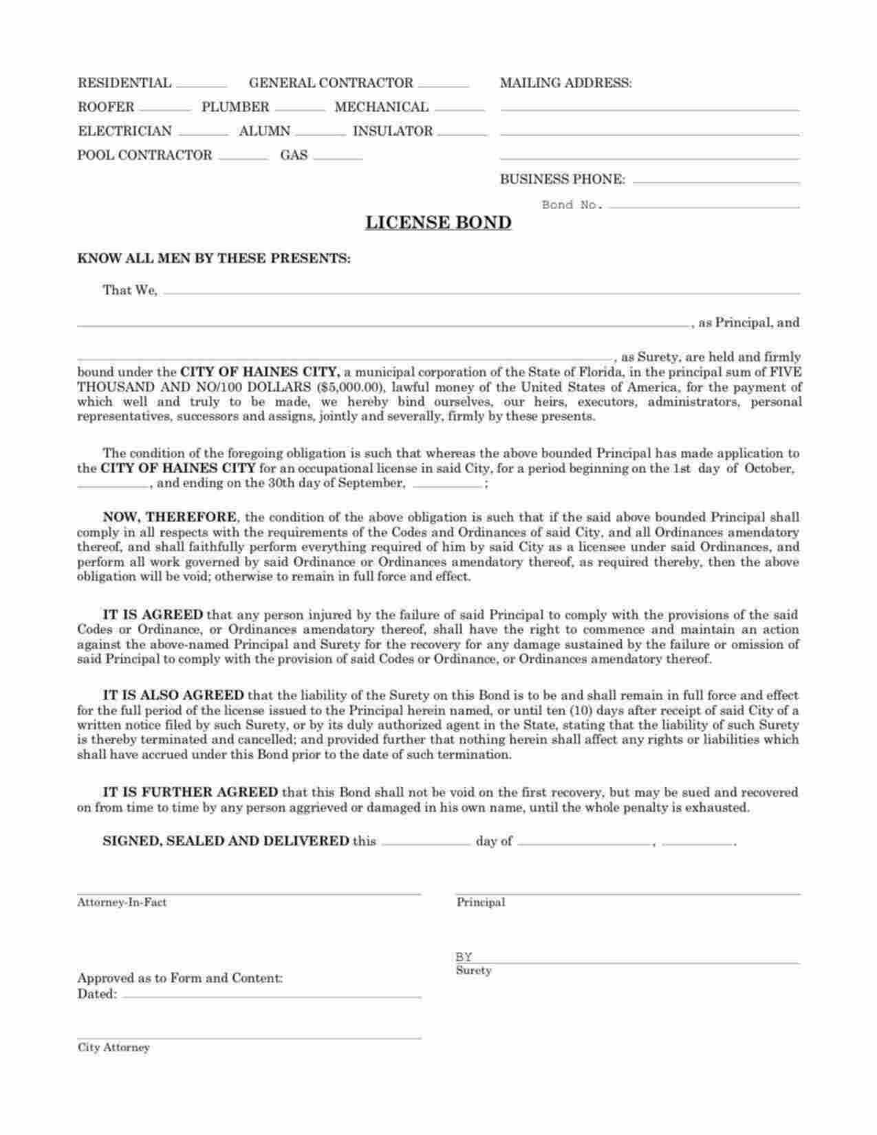 Florida Residential Contractor Bond Form