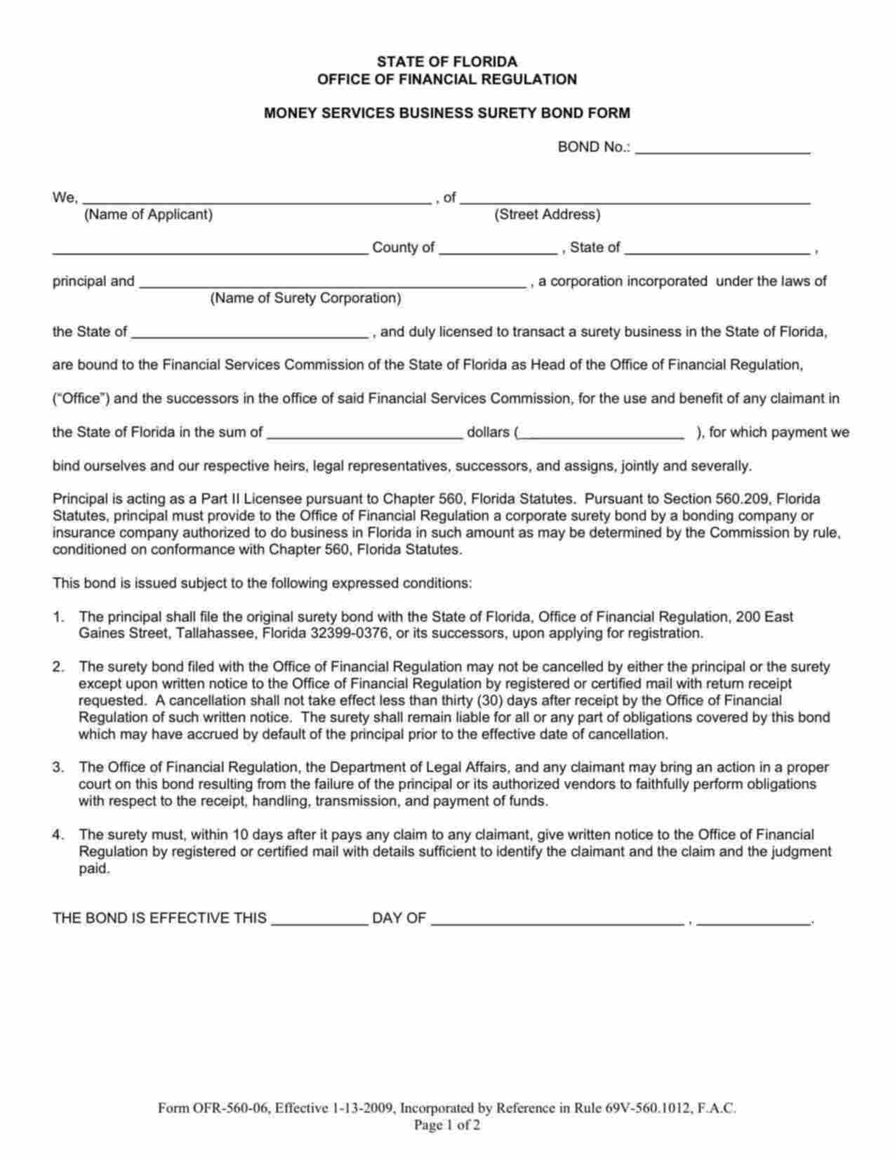 Florida Money Services Business Bond Form