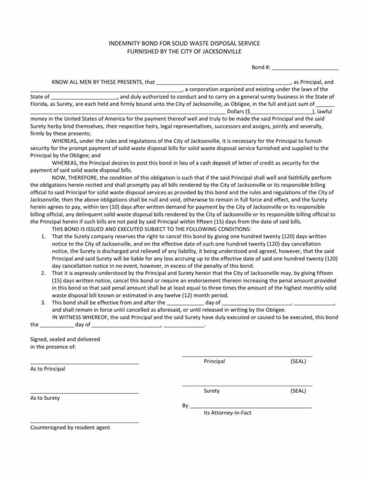 Florida Solid Waste Disposal Bond Form