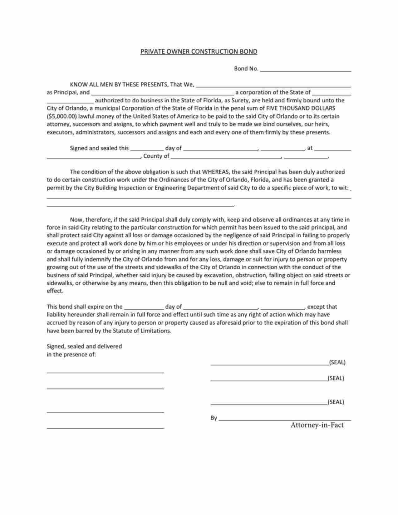 Florida Private Owner Construction Bond Form