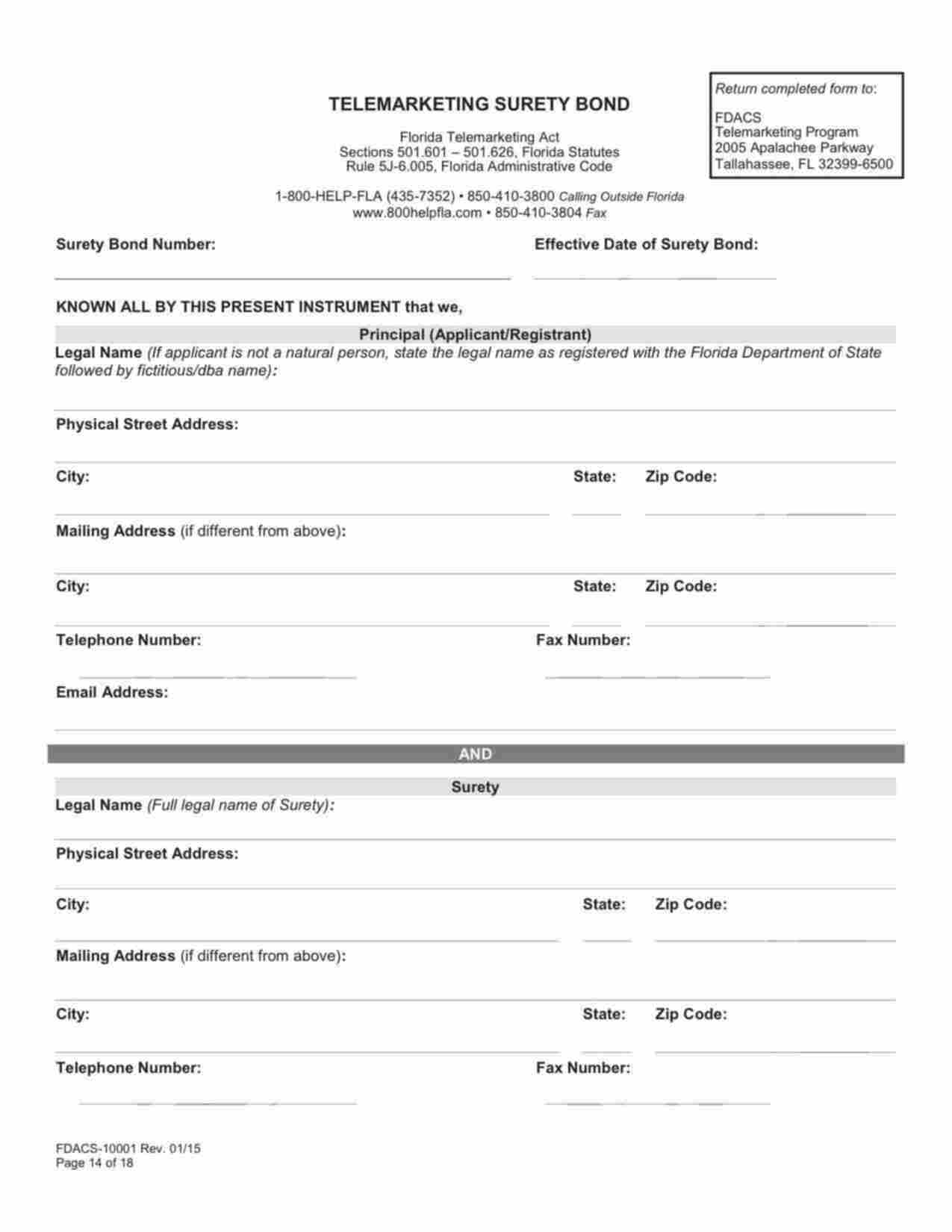 Florida Telemarketing Bond Form